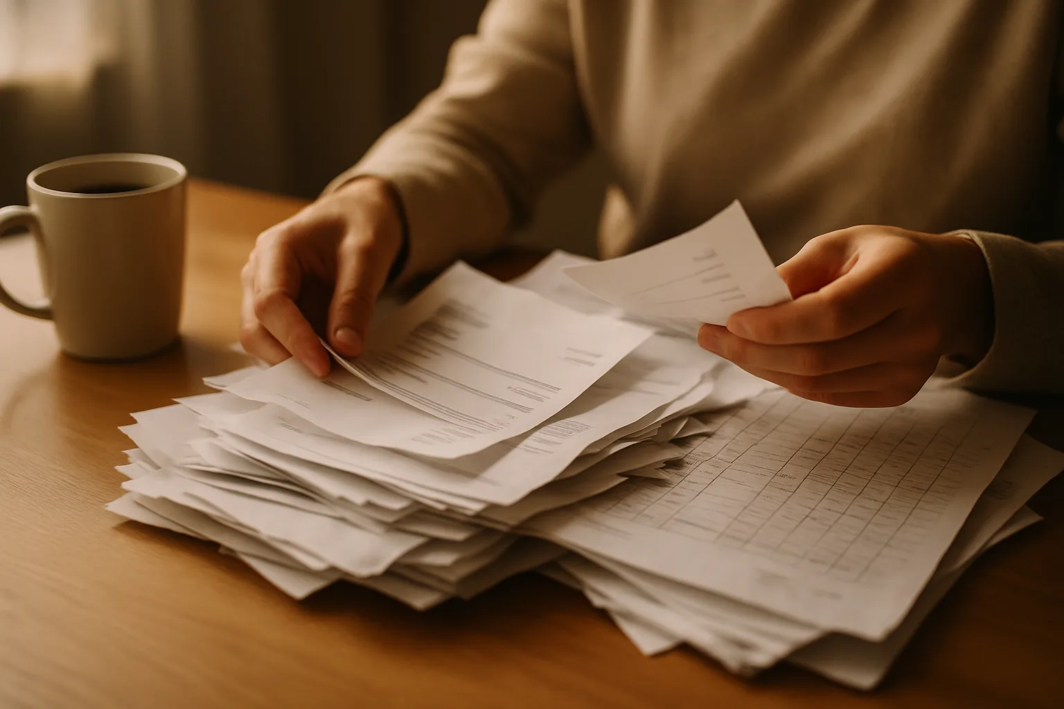 Stack of paper invoices and spreadsheet printouts representing manual bookkeeping work