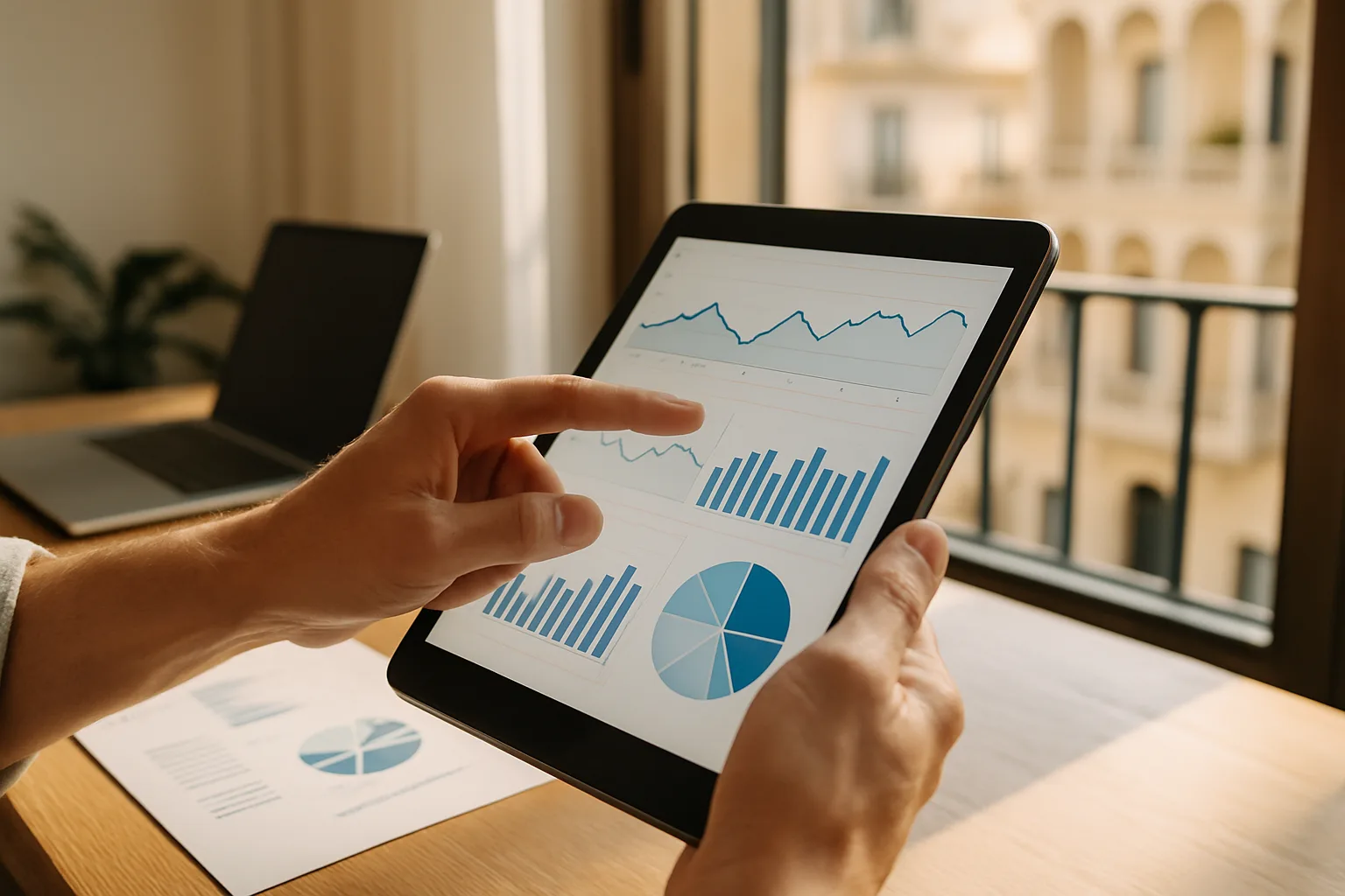 Unternehmerin analysiert KI-Sichtbarkeitsdaten auf einem Tablet in einem modernen Büro auf Zypern