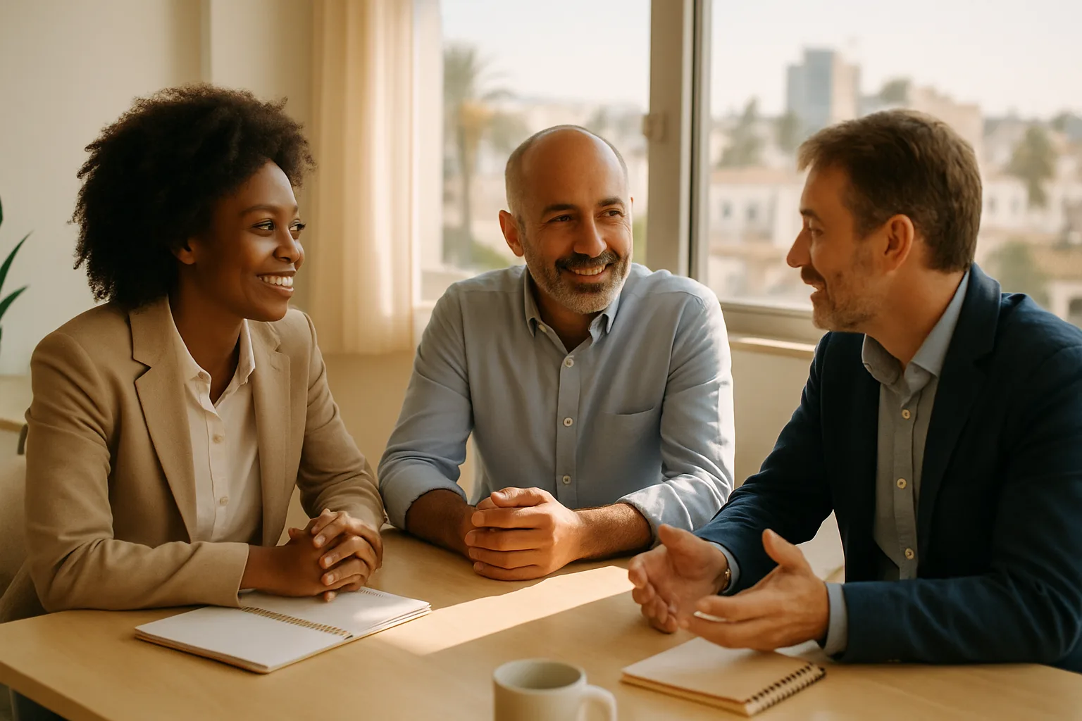 Geschäftsinhaber auf Zypern besprechen ihre digitale Marketingstrategie in einem hellen Büro