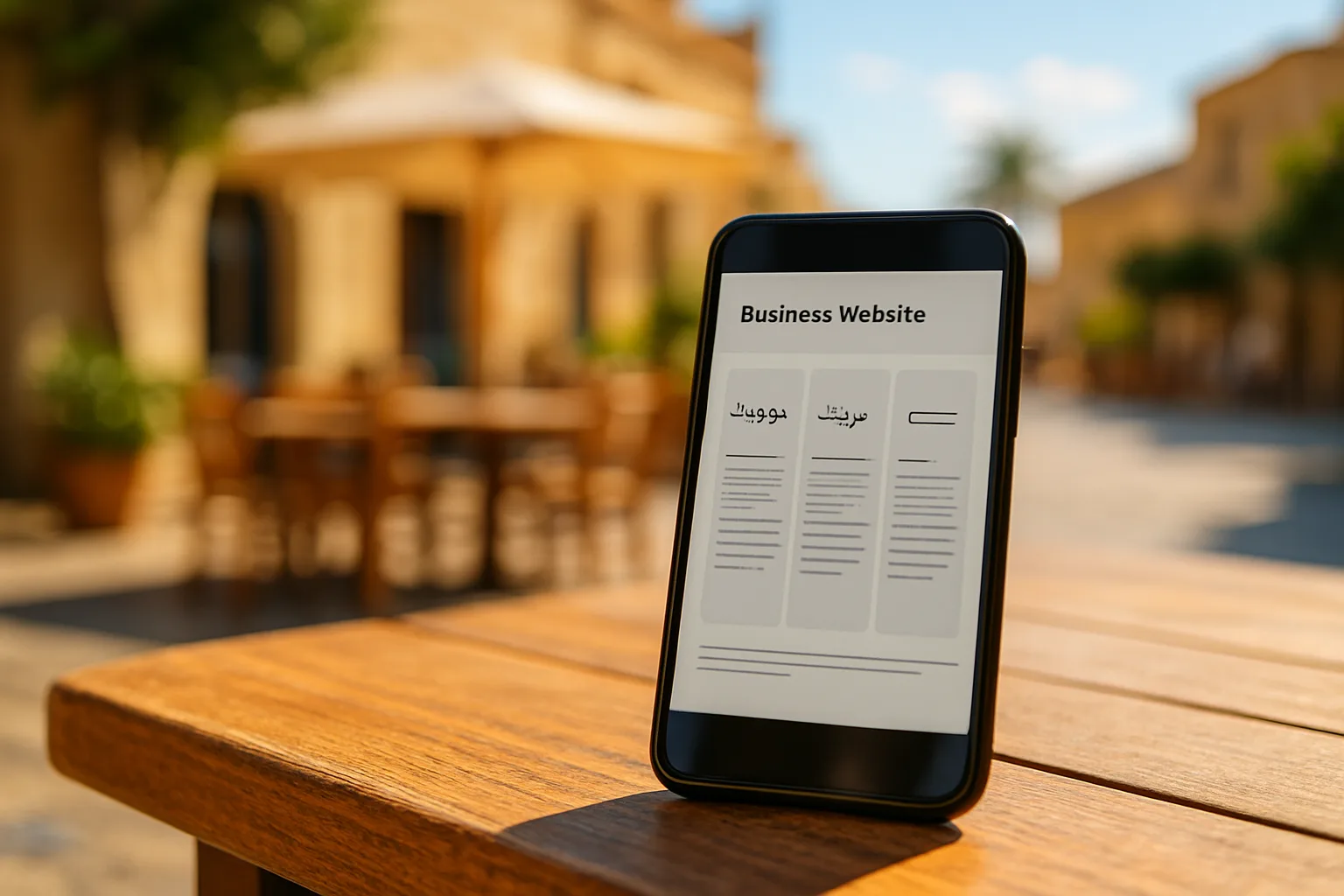 Multilingual business website displayed in English, Greek and Russian on a smartphone in Cyprus