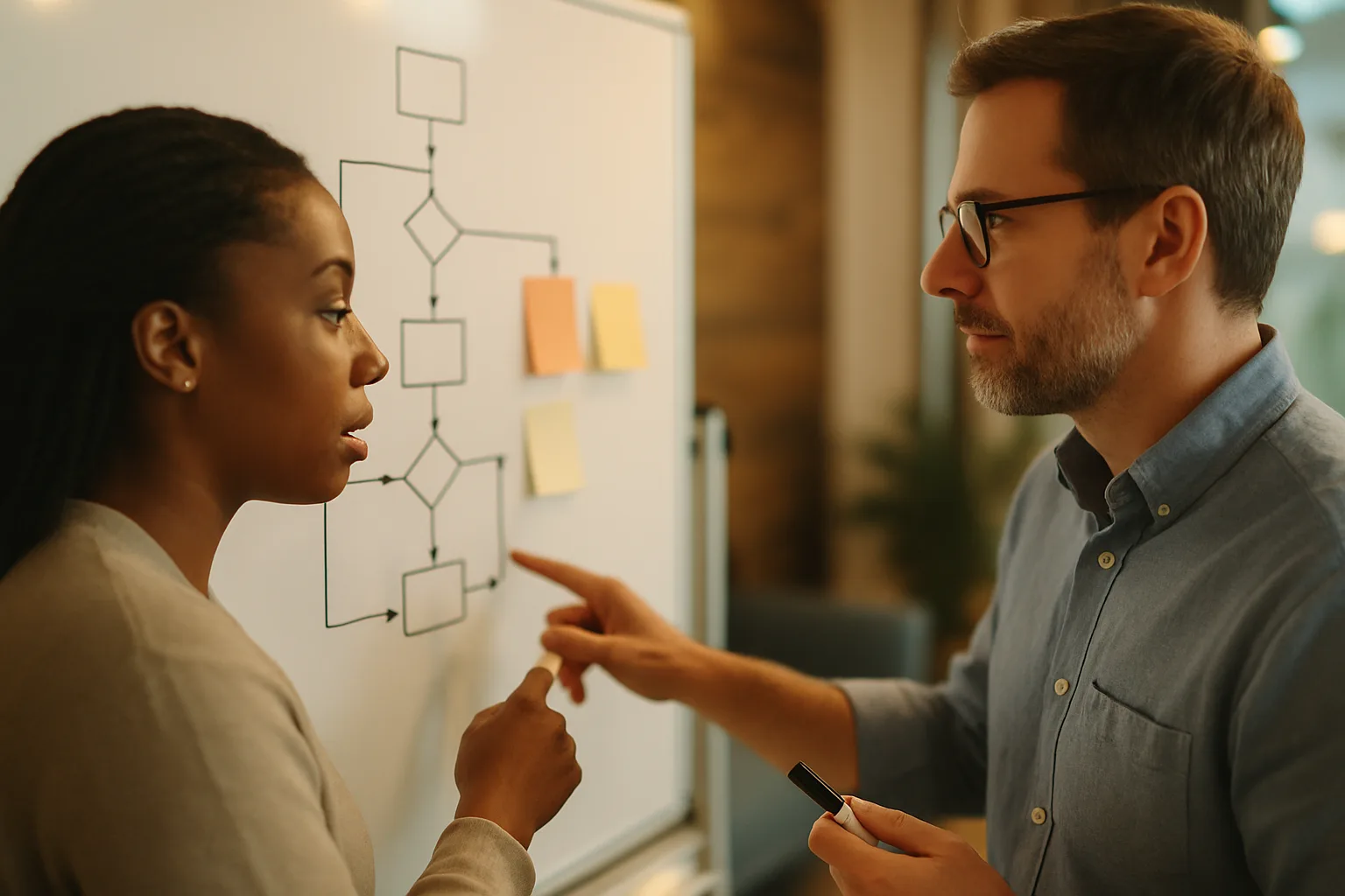 Deux collaborateurs discutant de l'automatisation d'un processus métier sur un tableau blanc