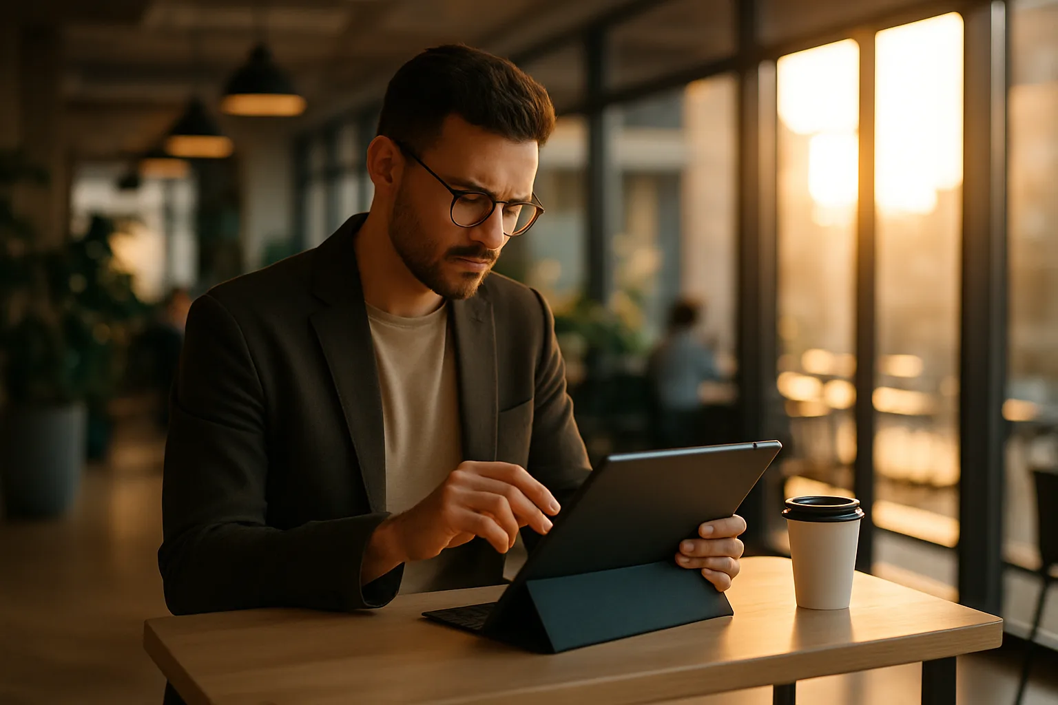 Entrepreneur travaillant sur une tablette dans un espace de coworking contemporain, concentré et serein
