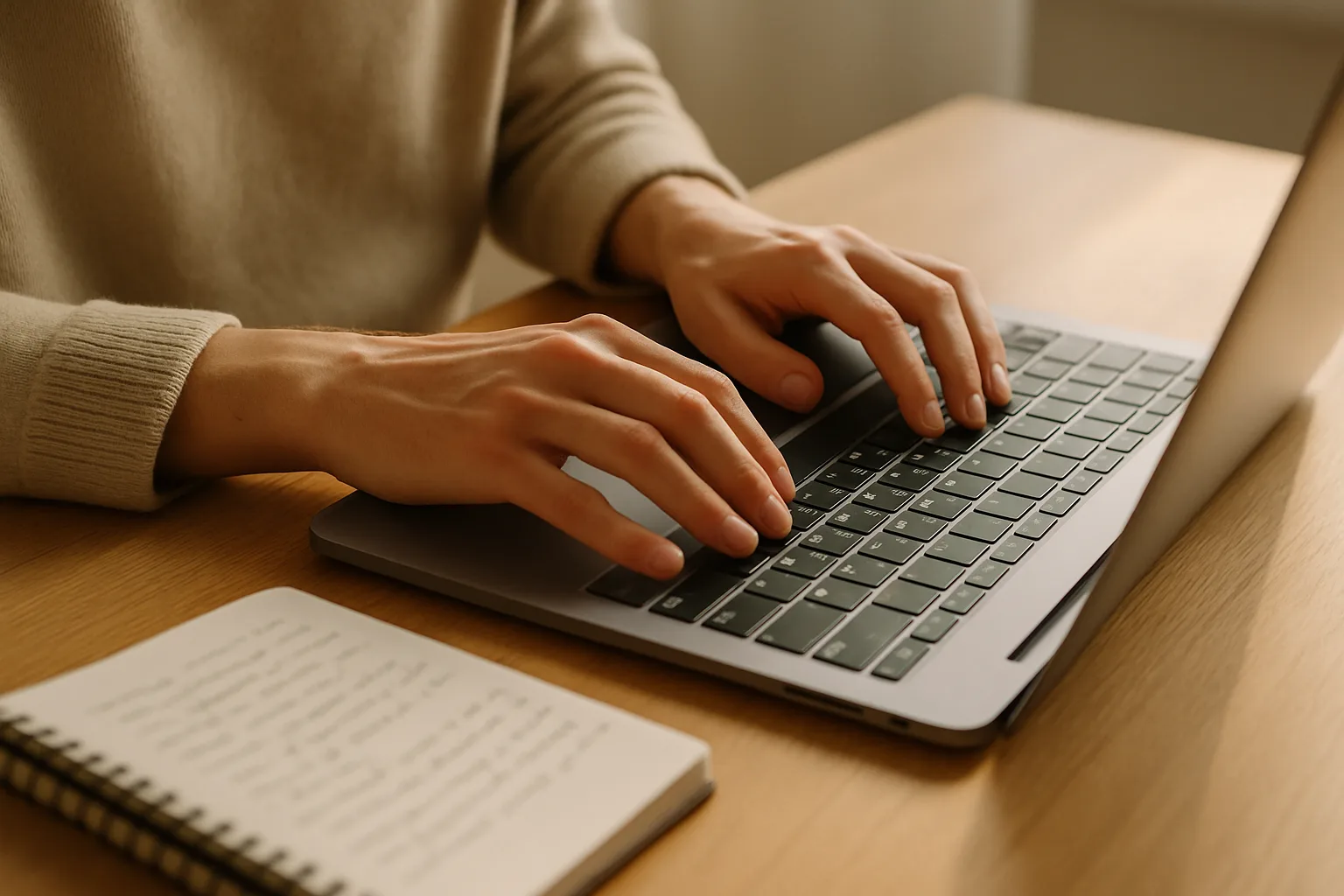 Mains tapant sur un clavier d'ordinateur portable lors d'un audit de référencement naturel