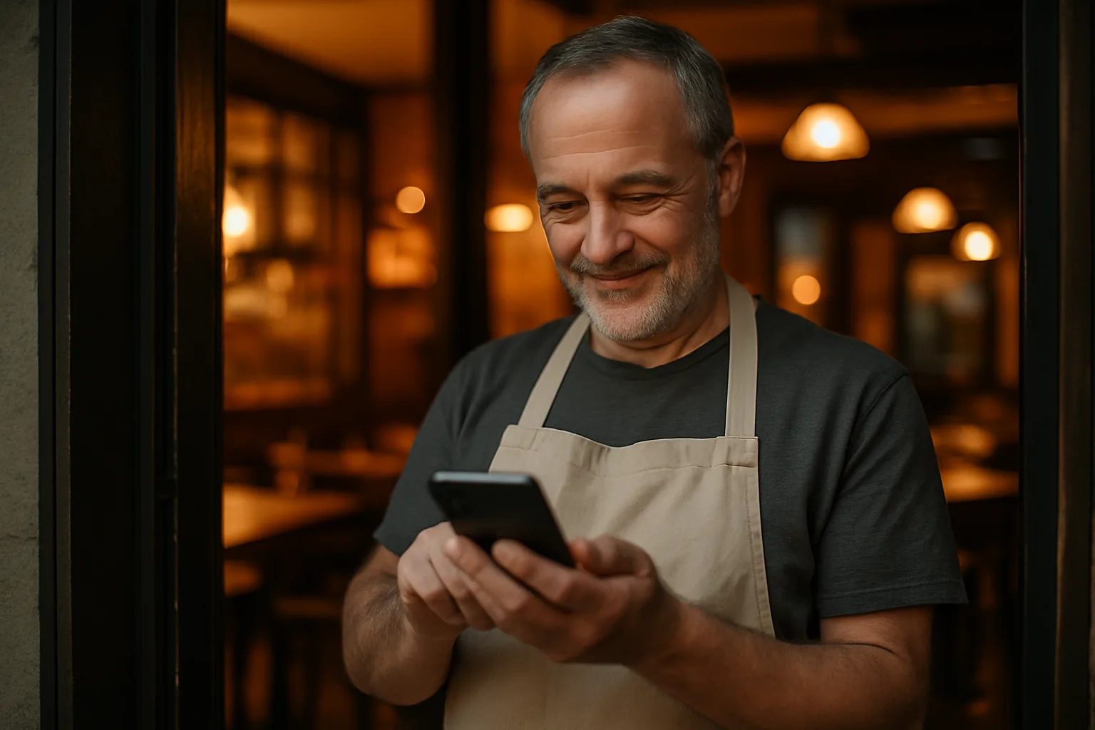 Restaurateur vérifiant la visibilité en ligne de son établissement sur son smartphone