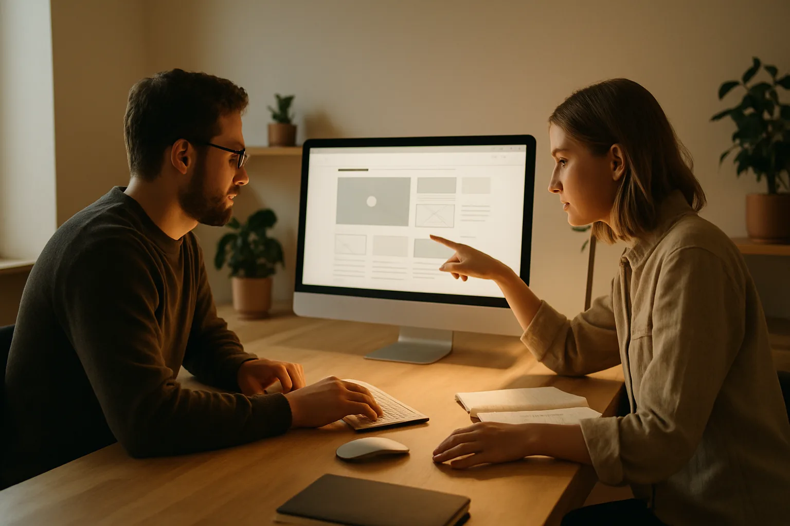 Deux designers d'une agence web collaborant sur la création d'un site internet pour une PME