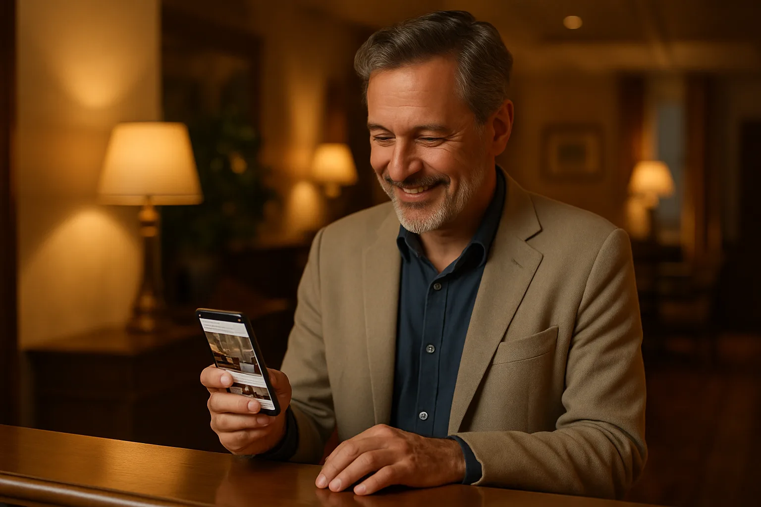 Propriétaire d'un hôtel indépendant consultant le site web de son établissement sur smartphone