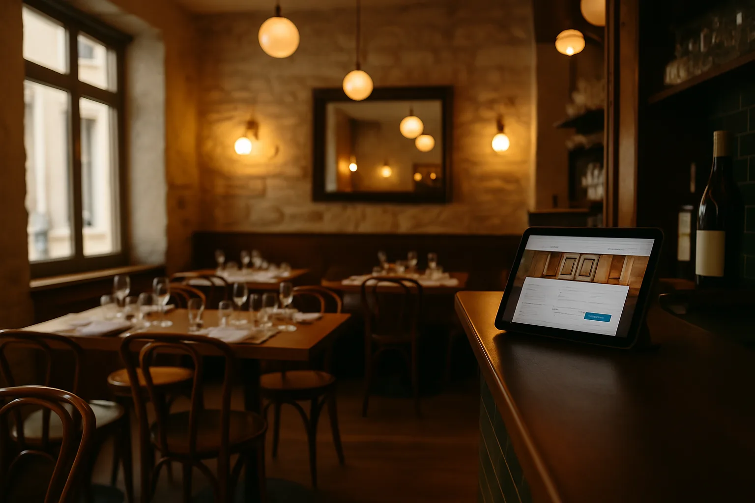 Intérieur d'un restaurant lyonnais avec un site de réservation professionnel affiché sur une tablette