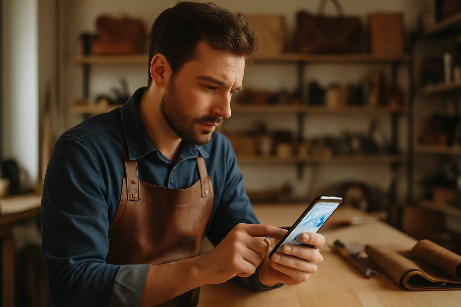 Artisan lyonnais consultant les performances de son site internet sur son téléphone