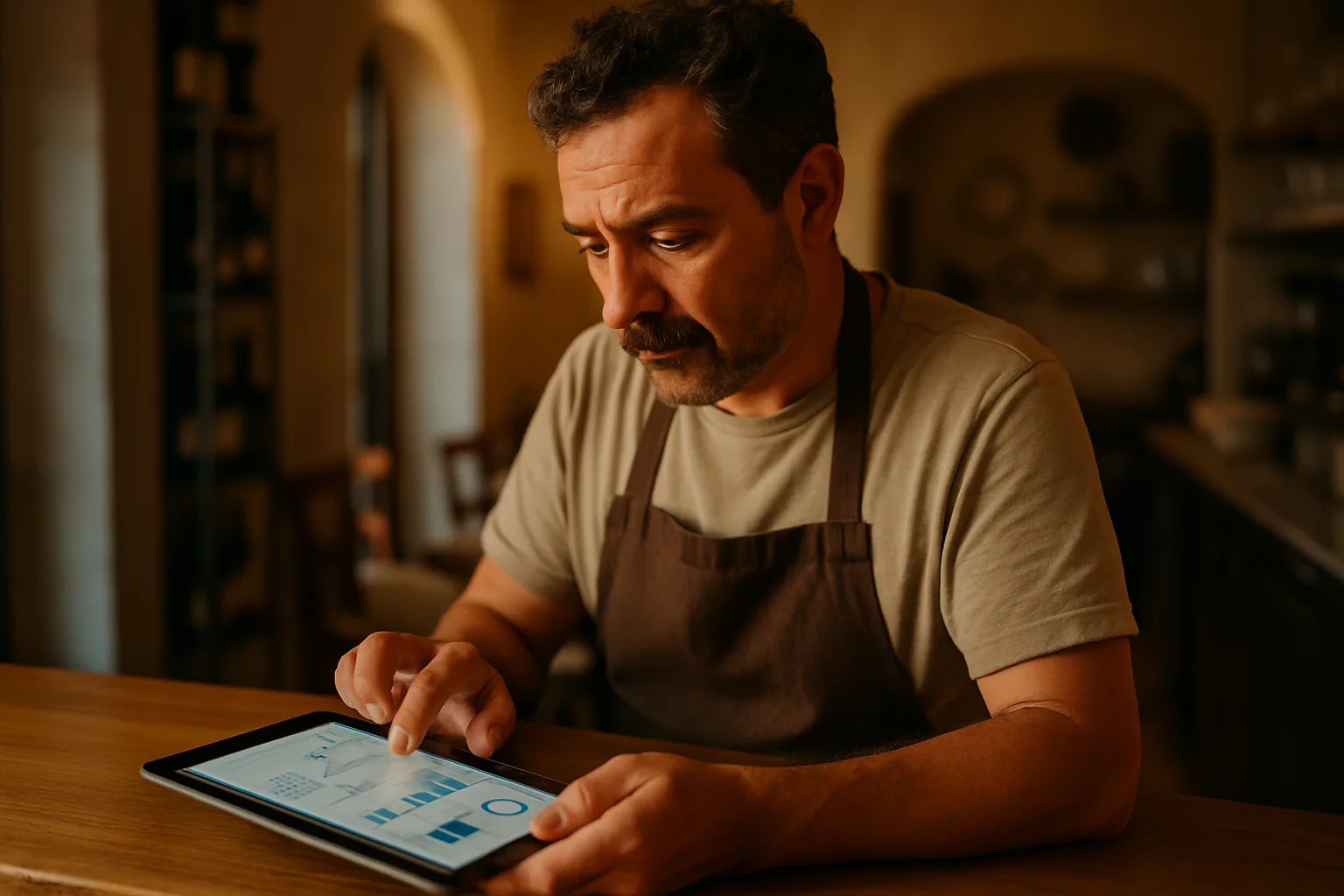 Ristoratore italiano consulta le prenotazioni e i dati del sito web sul suo tablet