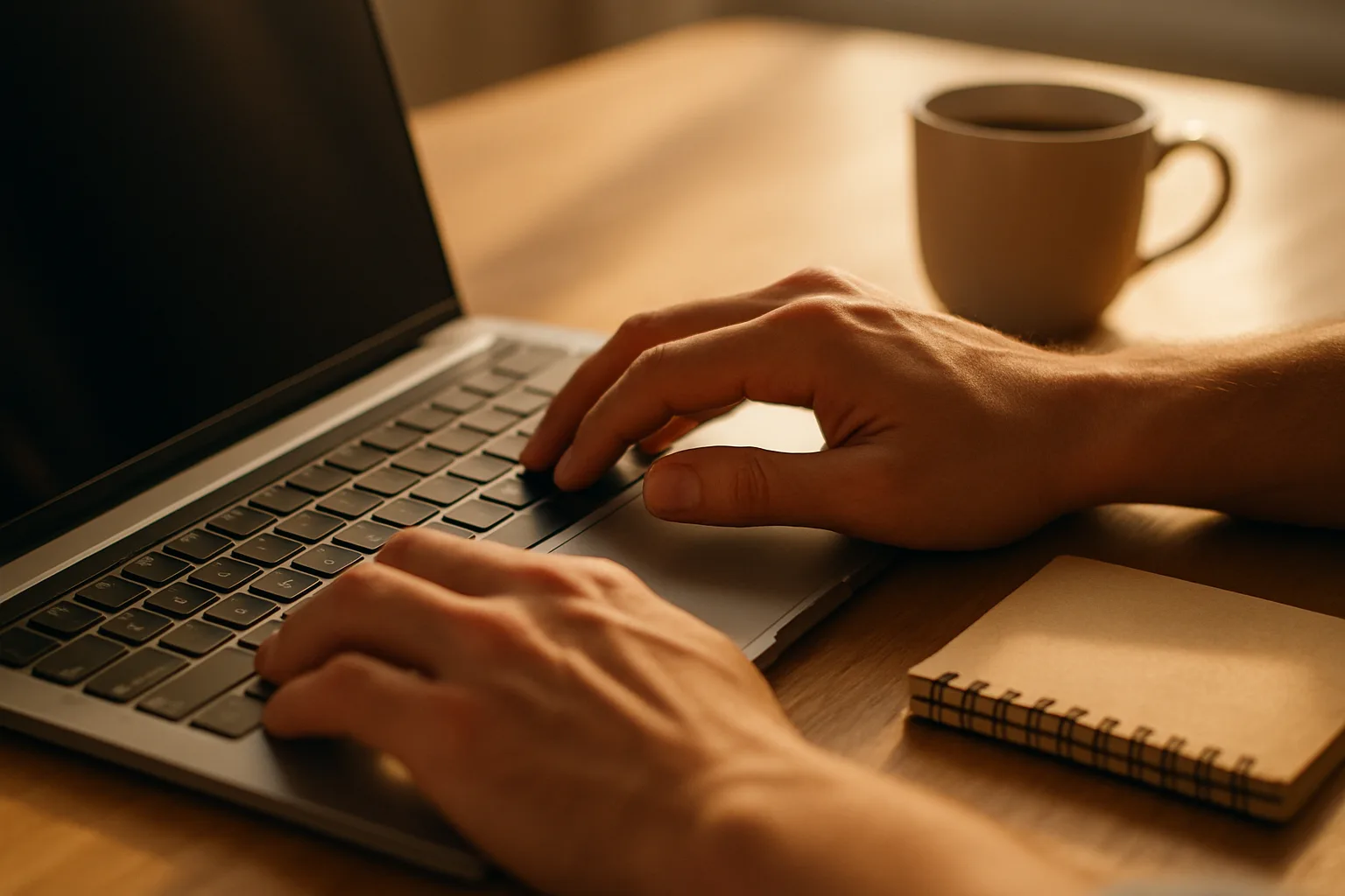 Mani che digitano su un laptop con un blocco note e una tazza di caffè su una scrivania in legno