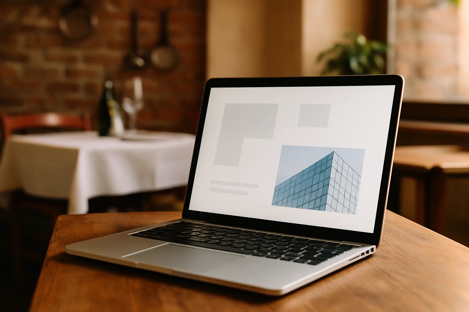 Sito web aziendale professionale con design pulito visualizzato su laptop in un'attività commerciale italiana