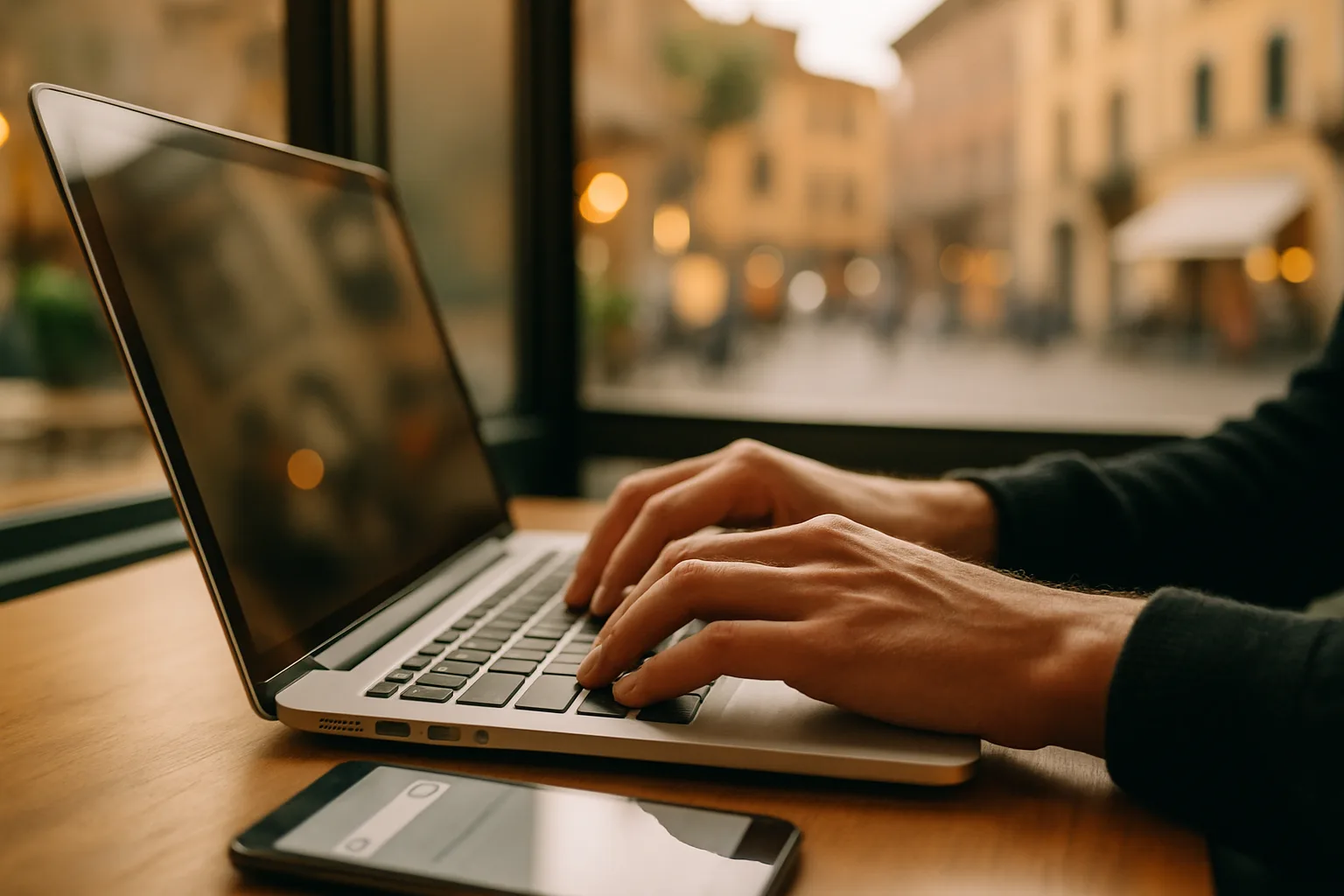 Ricerca online su laptop e smartphone in un caffè italiano