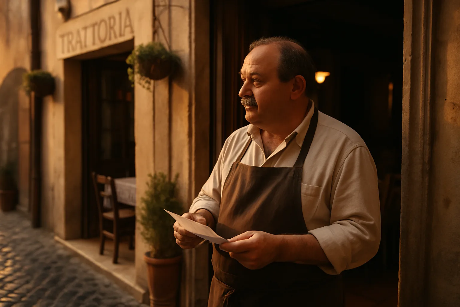 Ristoratore italiano davanti alla sua trattoria che riflette sulla propria visibilità digitale