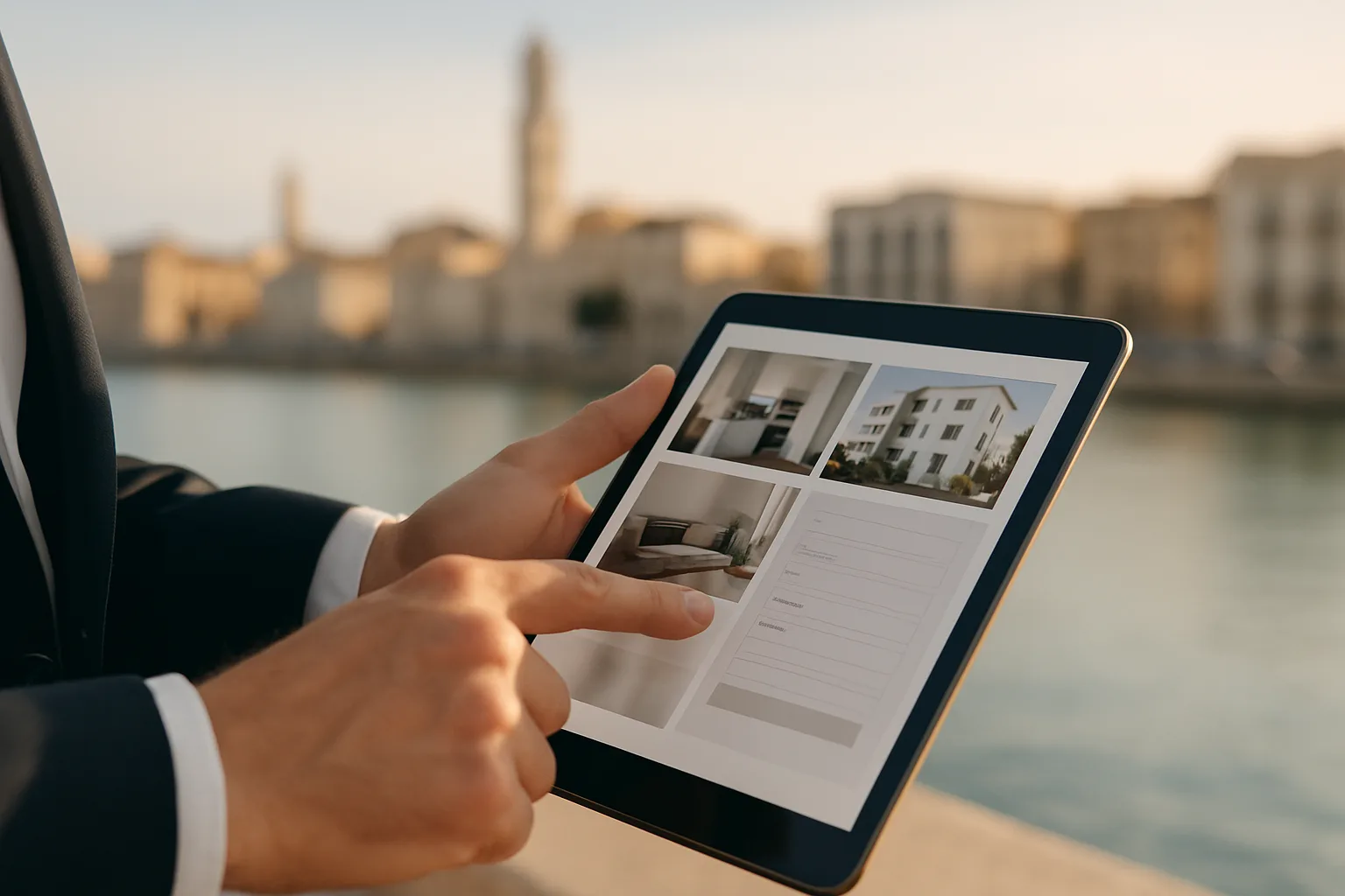 Agente immobiliare che mostra il sito web dell'agenzia su tablet con modulo di contatto