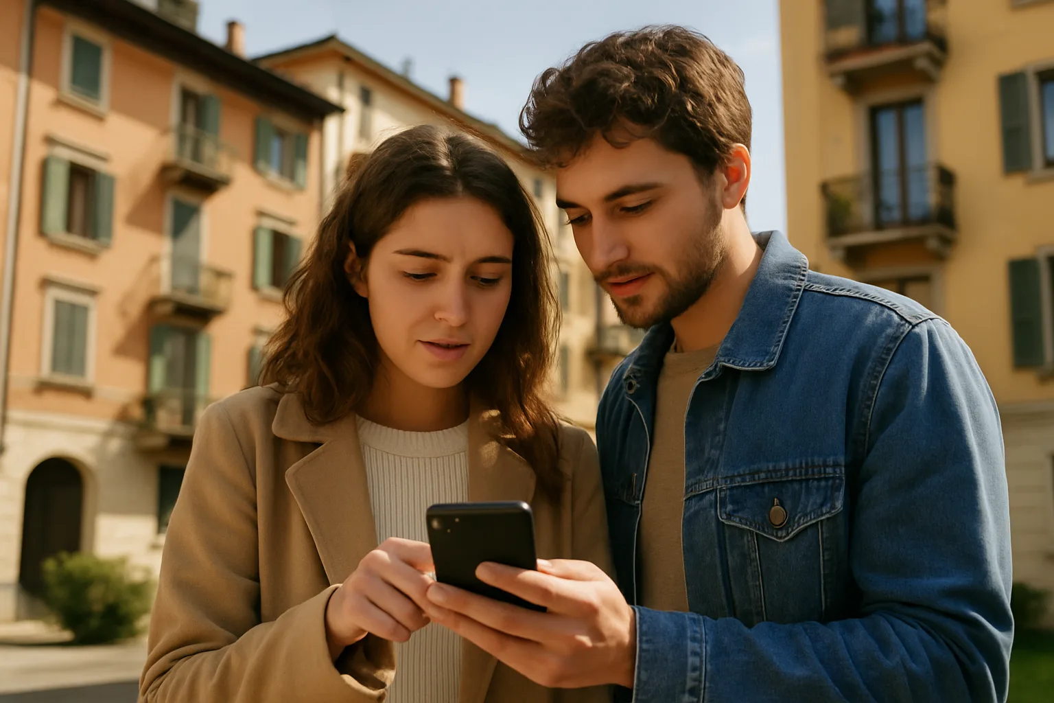 Coppia che cerca appartamenti a Brescia su smartphone fuori da un edificio residenziale