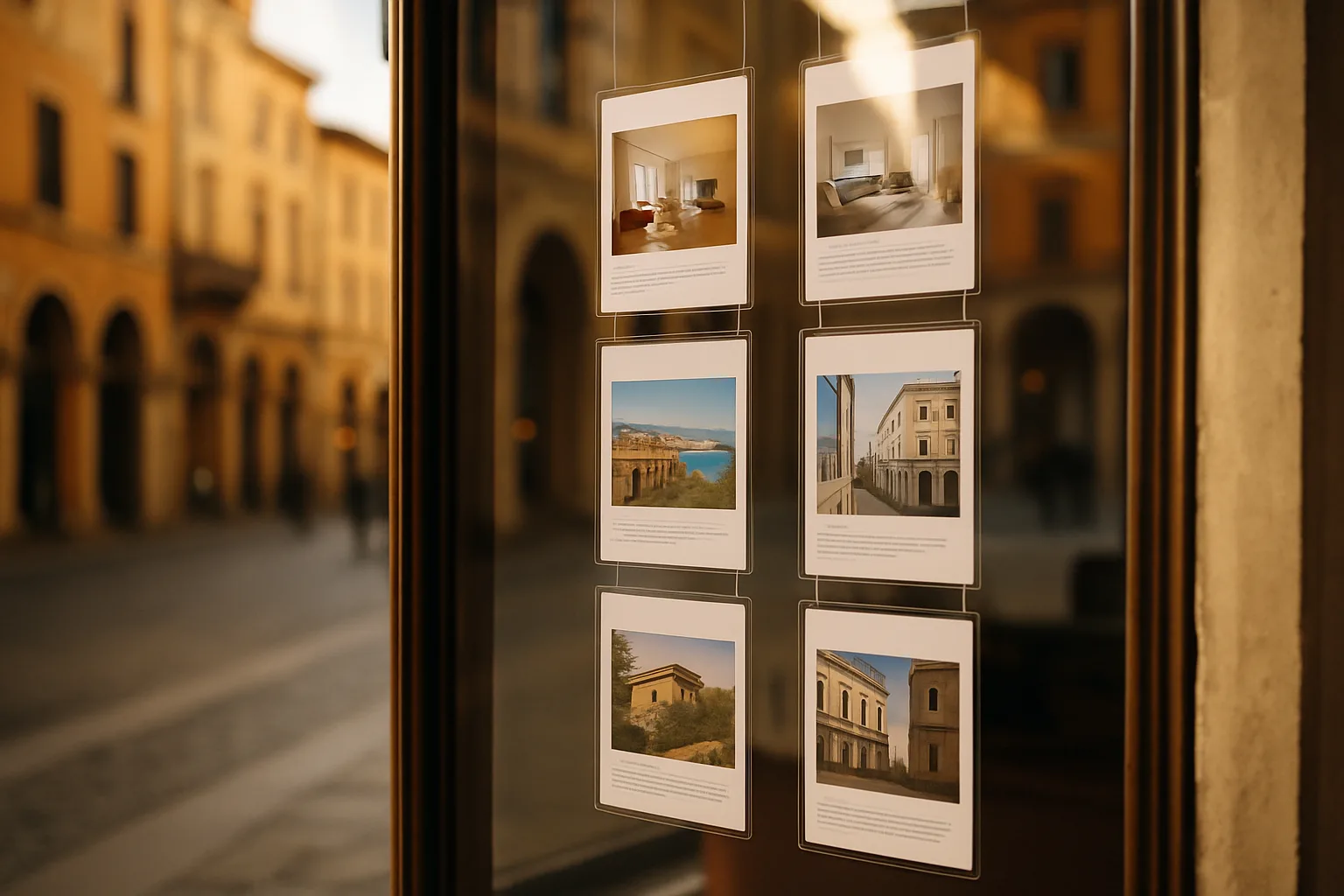 Vetrina di un'agenzia immobiliare in centro a Brescia con annunci di immobili esposti