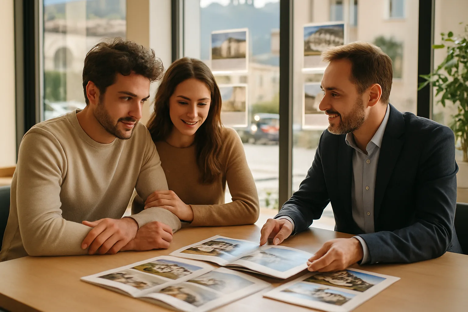Coppia in consulenza con un agente immobiliare in un'agenzia moderna a Modena