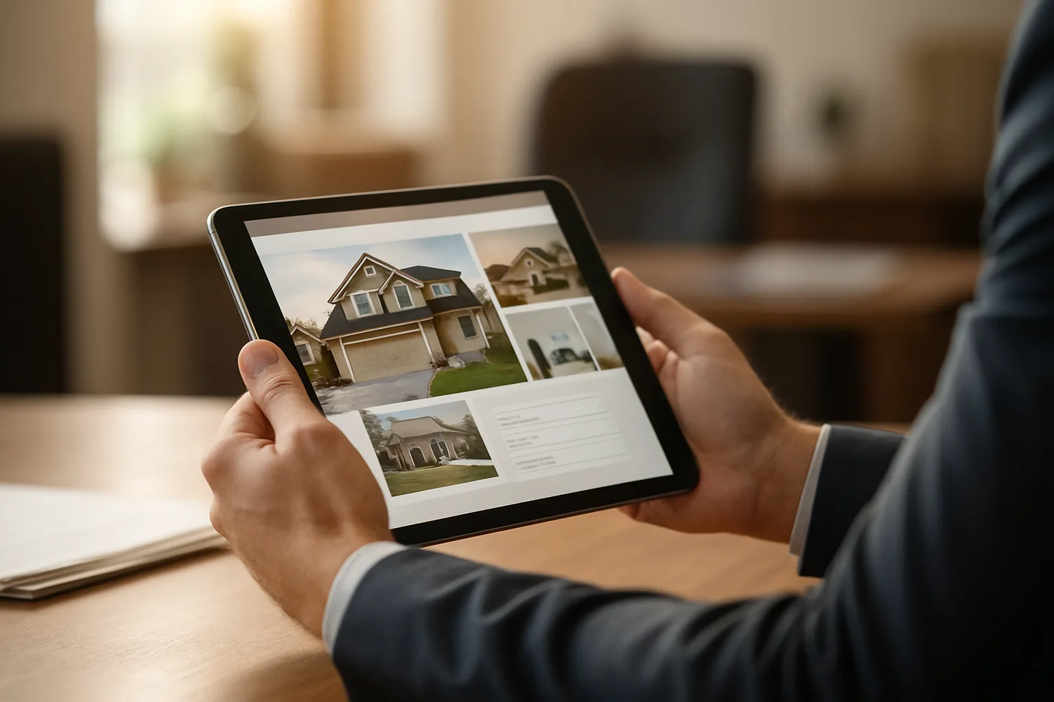 Agente immobiliare che mostra annunci immobiliari su tablet con modulo di contatto