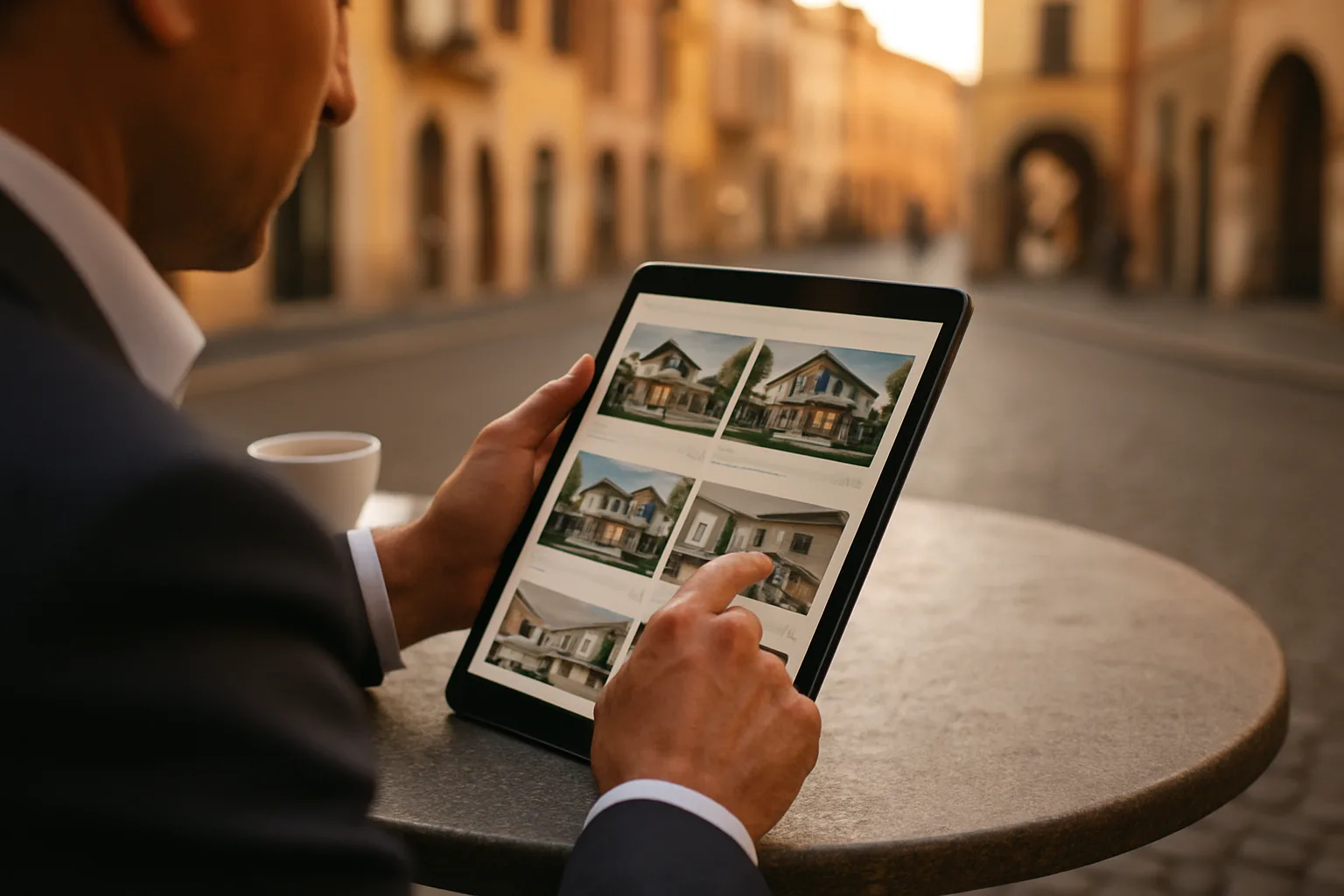 Agente immobiliare che visualizza schede immobili su tablet con un sito web professionale