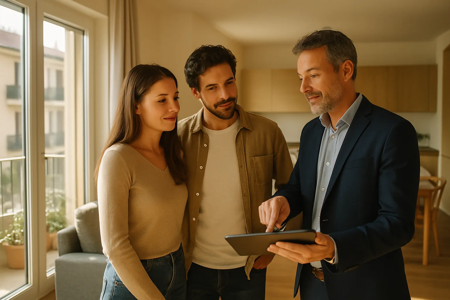 Coppia in visita a un appartamento a Padova con un'agente immobiliare che mostra dettagli su tablet