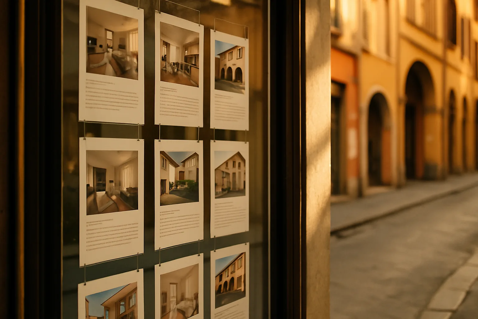 Vetrina di un'agenzia immobiliare italiana con annunci di appartamenti in vendita e affitto