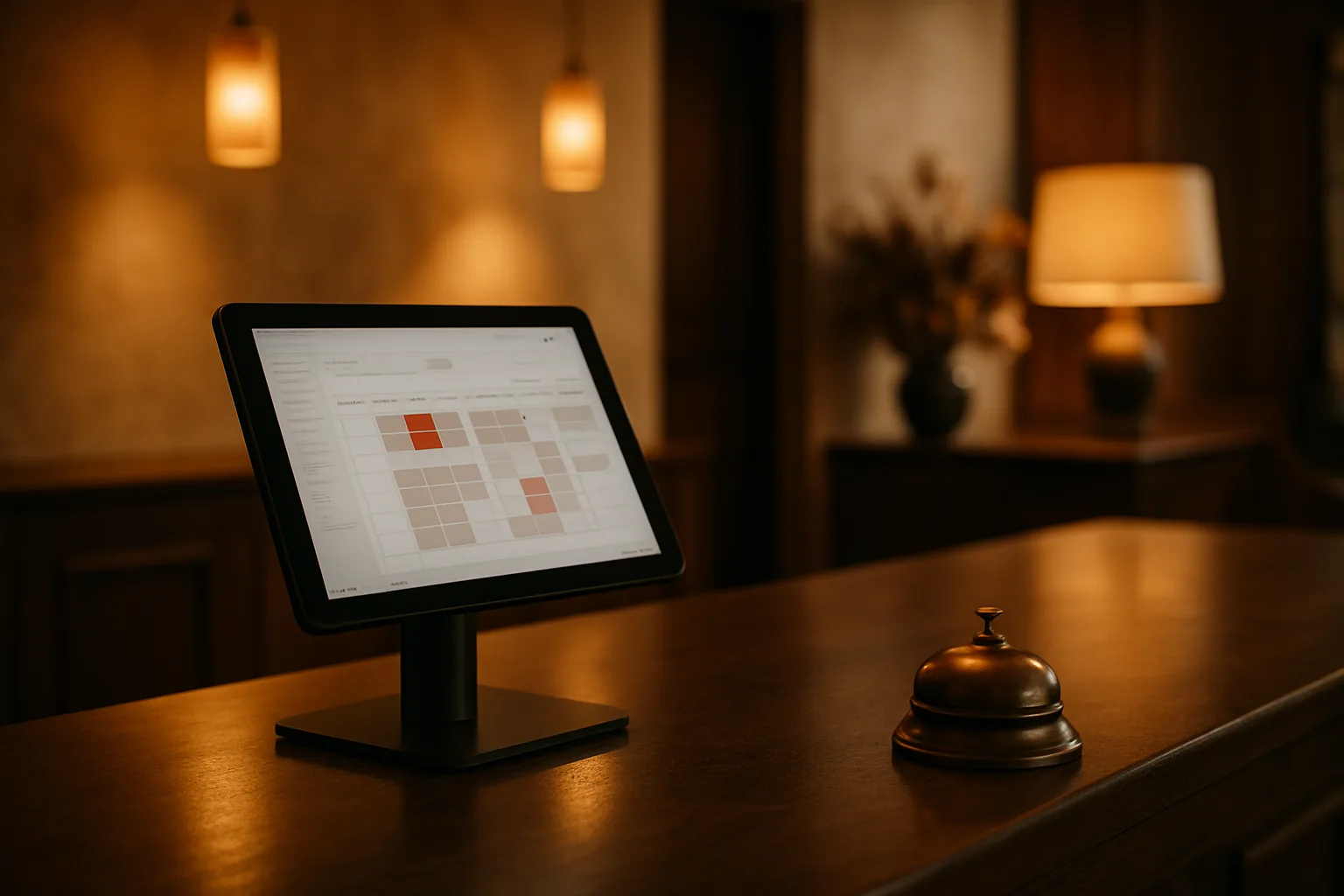 Boutique hotel reception desk with automated booking system on tablet