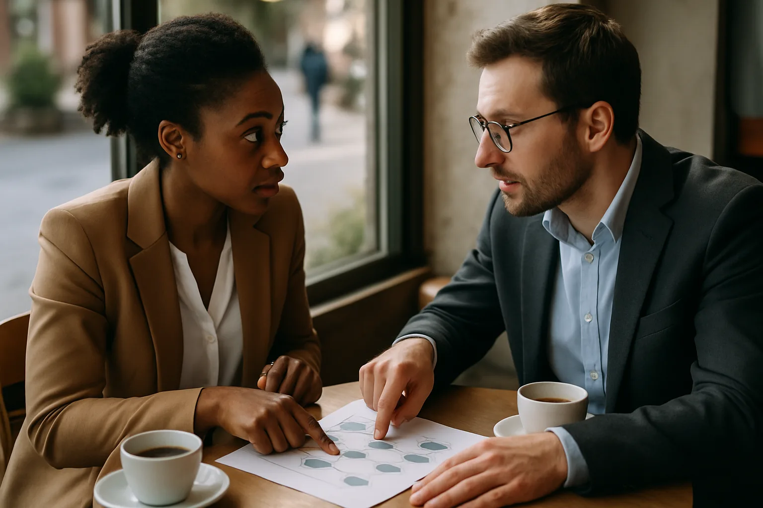 Business owner and AI agency consultant reviewing a custom workflow plan together