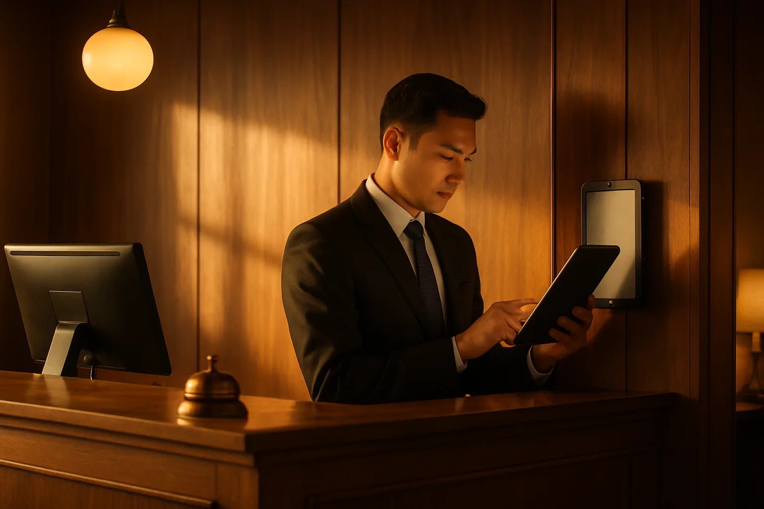Hotel reception staff using an AI knowledge assistant at the front desk