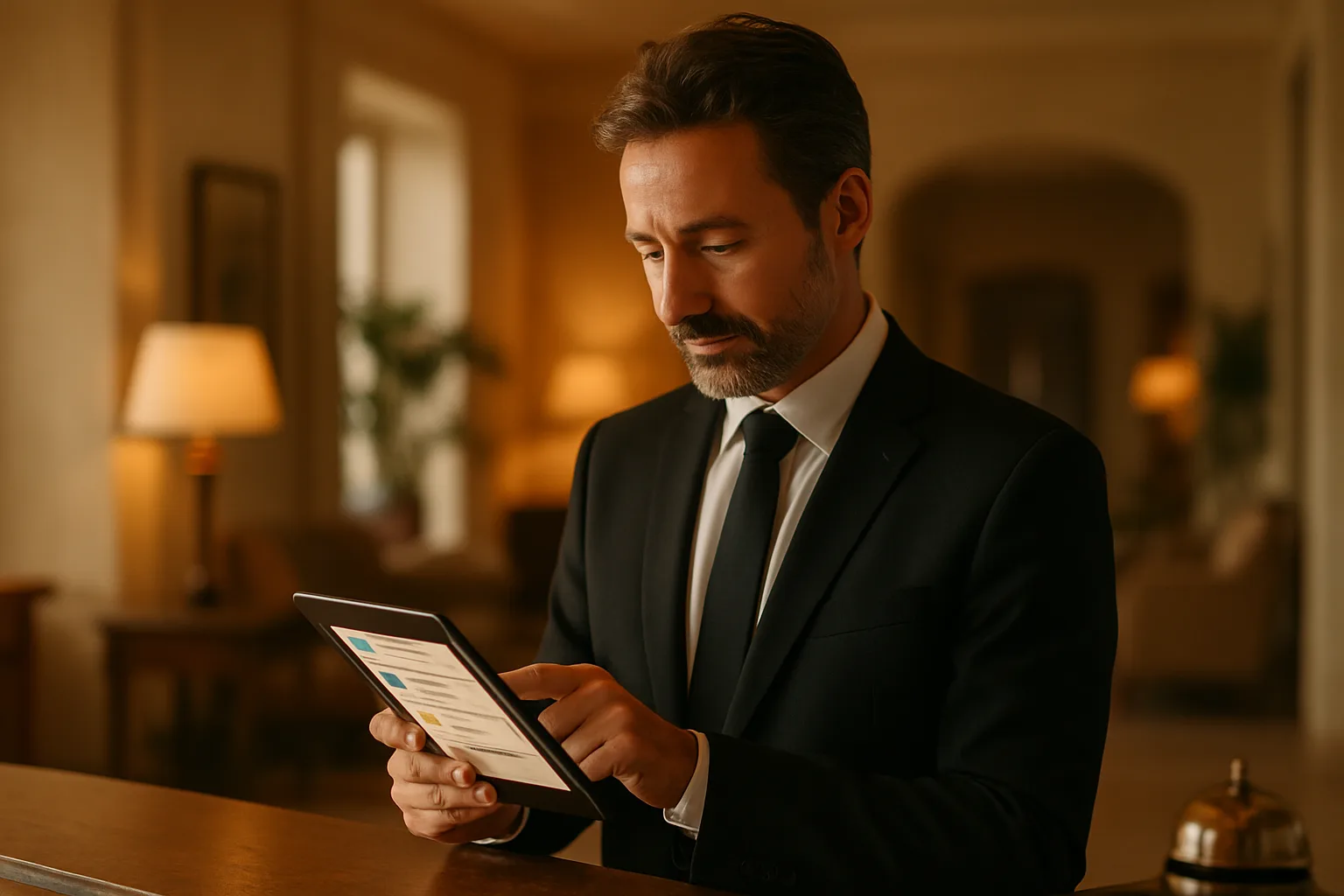 Hotel manager checking automated booking notifications on a tablet at the front desk