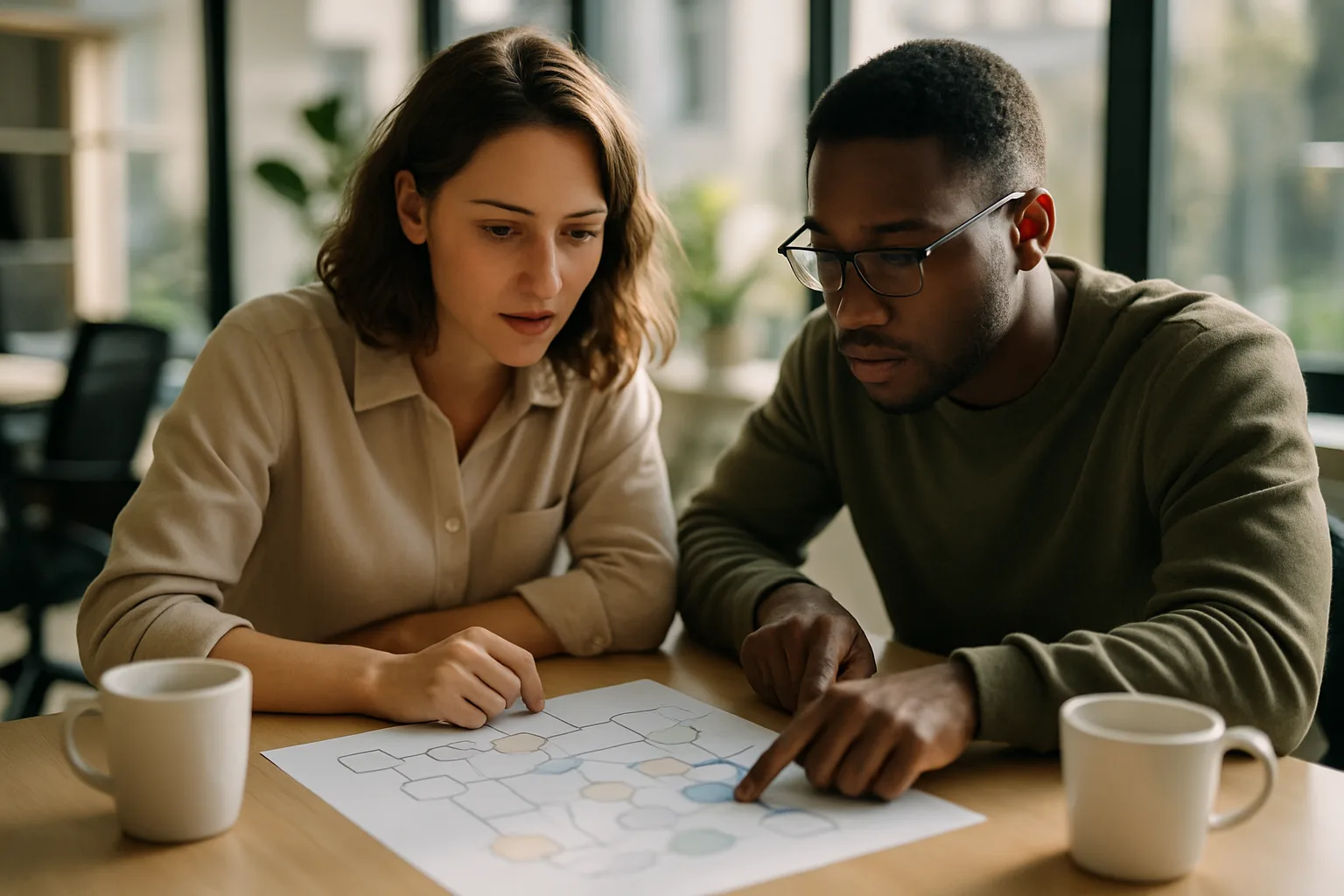 Small business team discussing a custom AI automation workflow plan at a bright office table