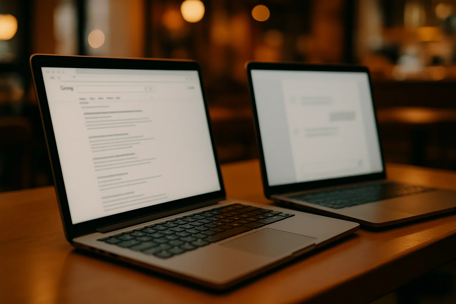 Two laptops comparing Google AI Overview and ChatGPT search results