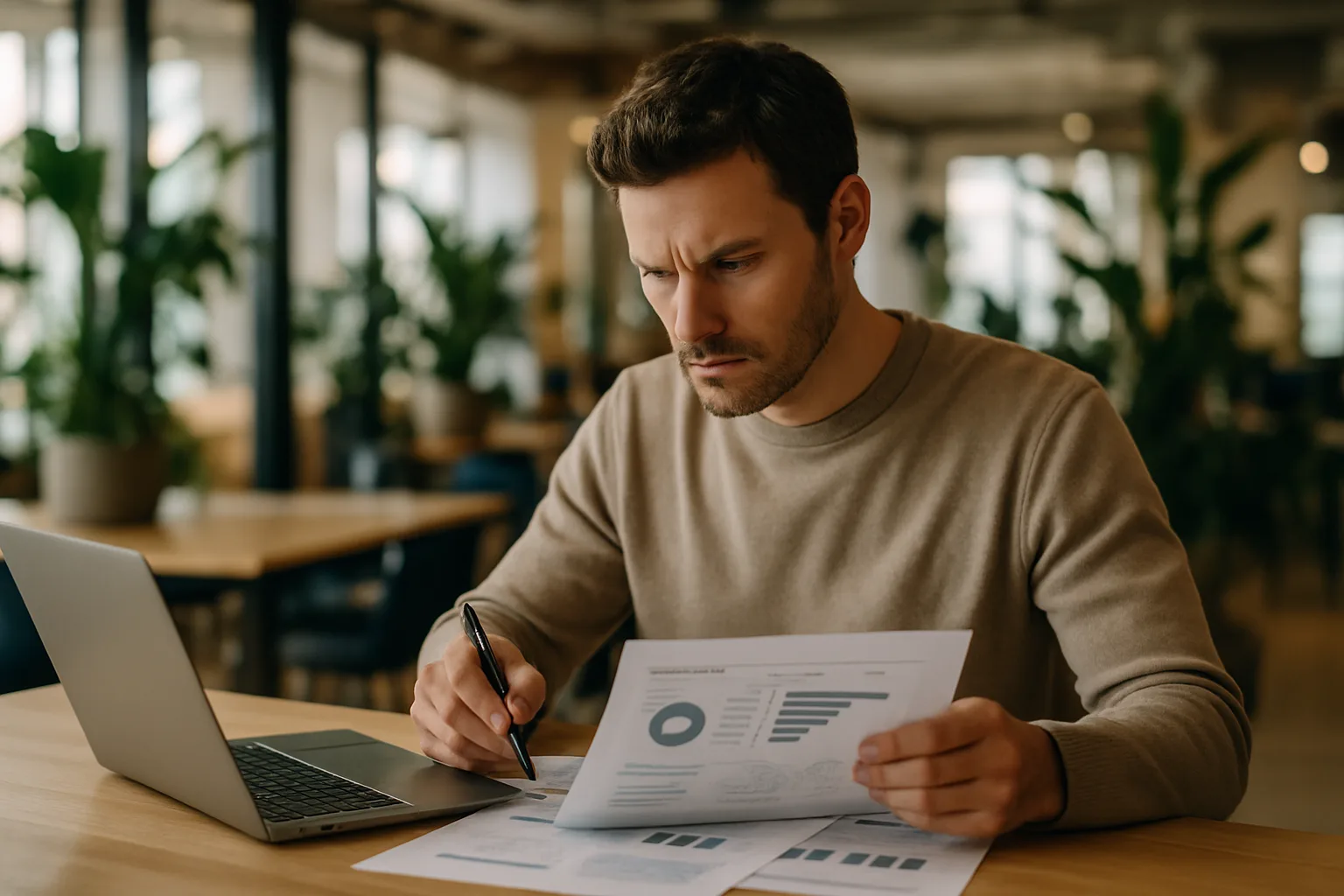 Business owner reviewing a website GEO audit report at a modern co-working desk
