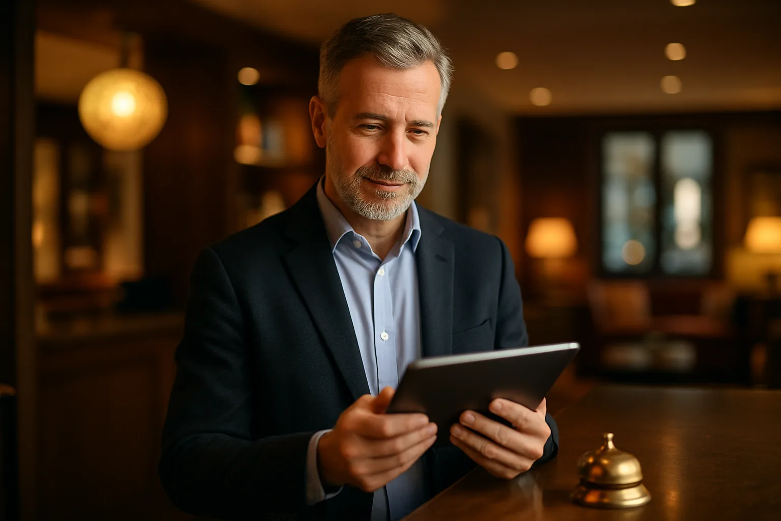 Hotelbesitzer prüft seine Online-Sichtbarkeit auf einem Tablet an der Rezeption