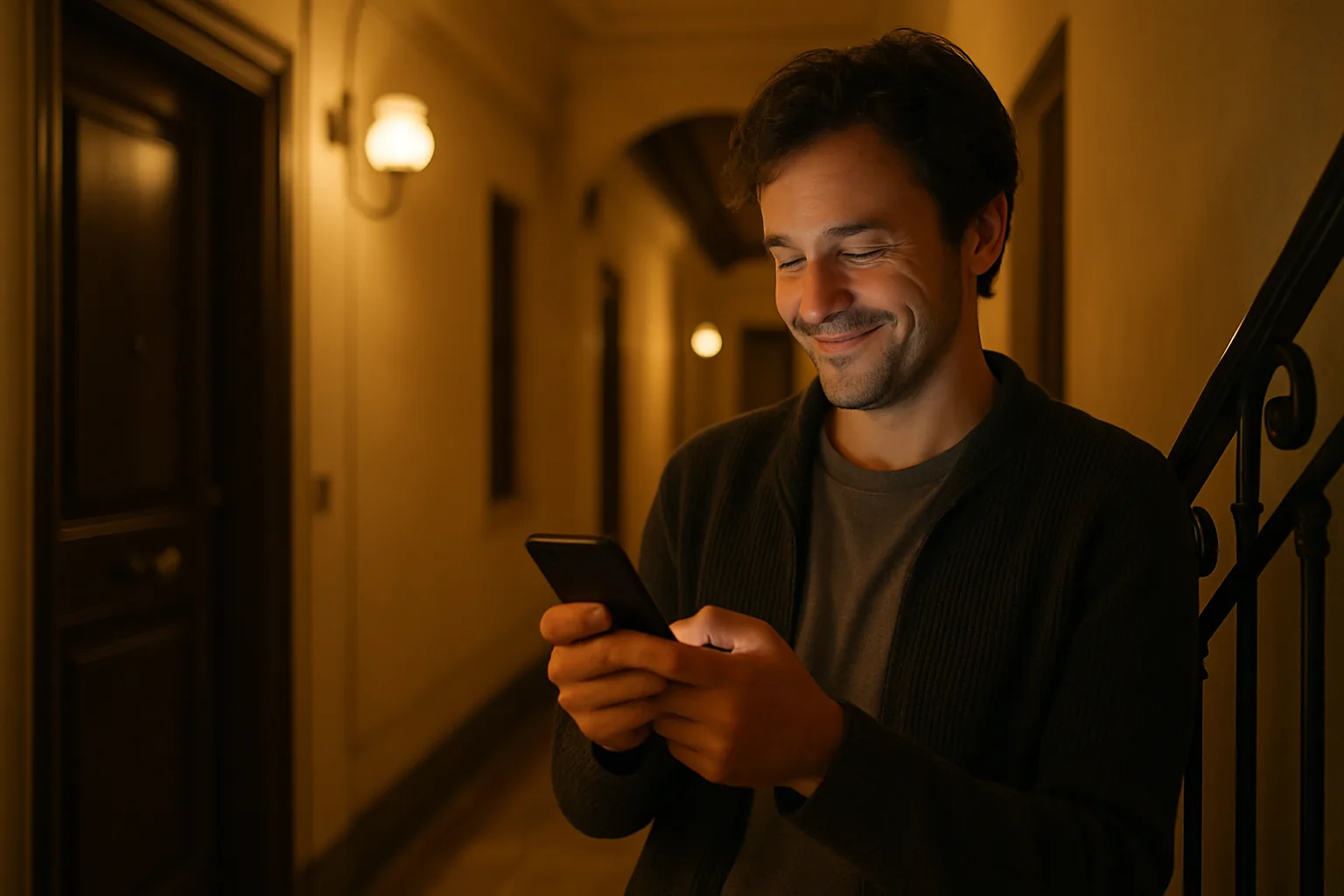 Condomino che riceve risposta dal chatbot condominiale sullo smartphone di sera