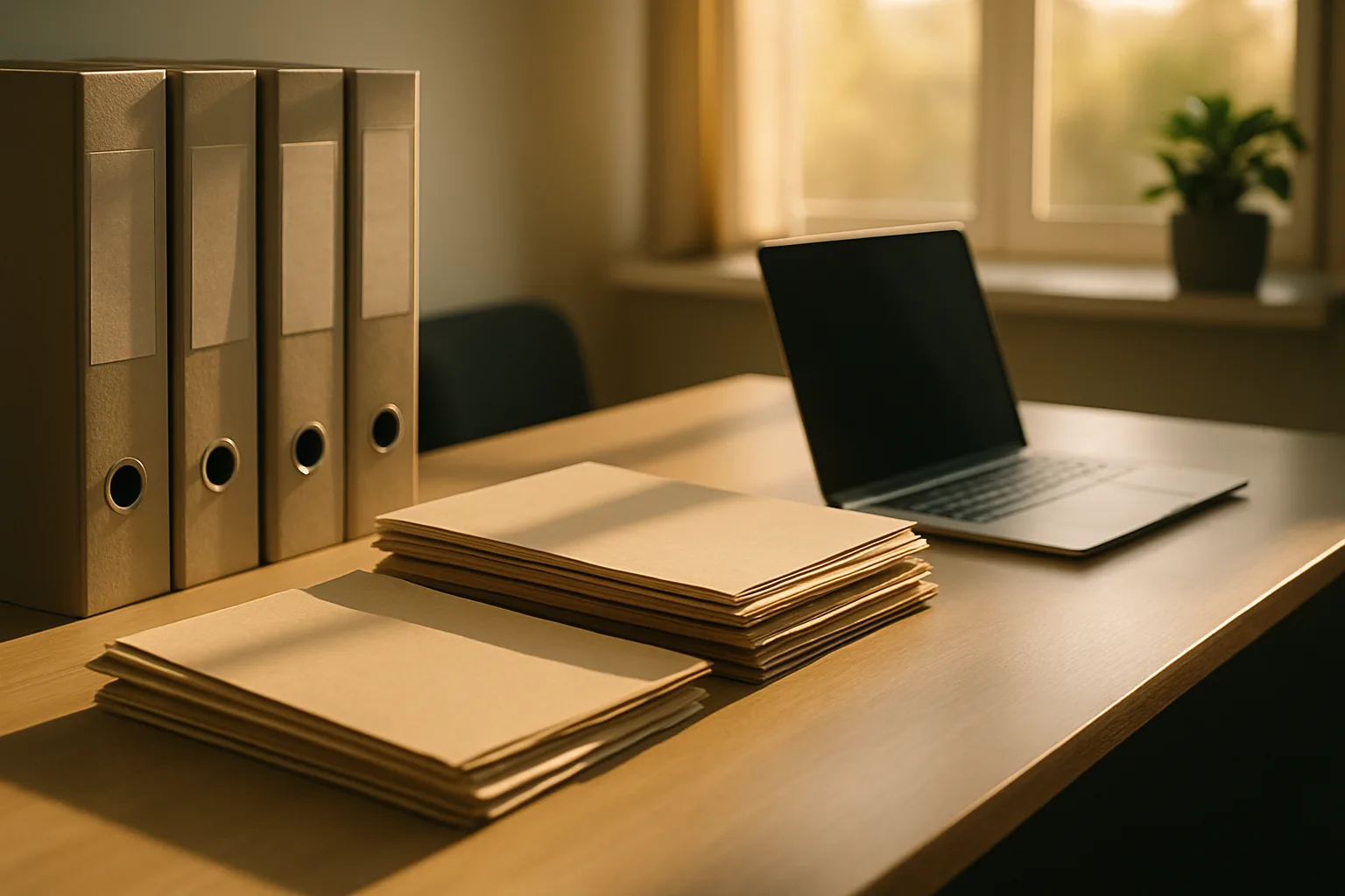 Scrivania ordinata di uno studio di amministrazione condominiale con documenti e laptop
