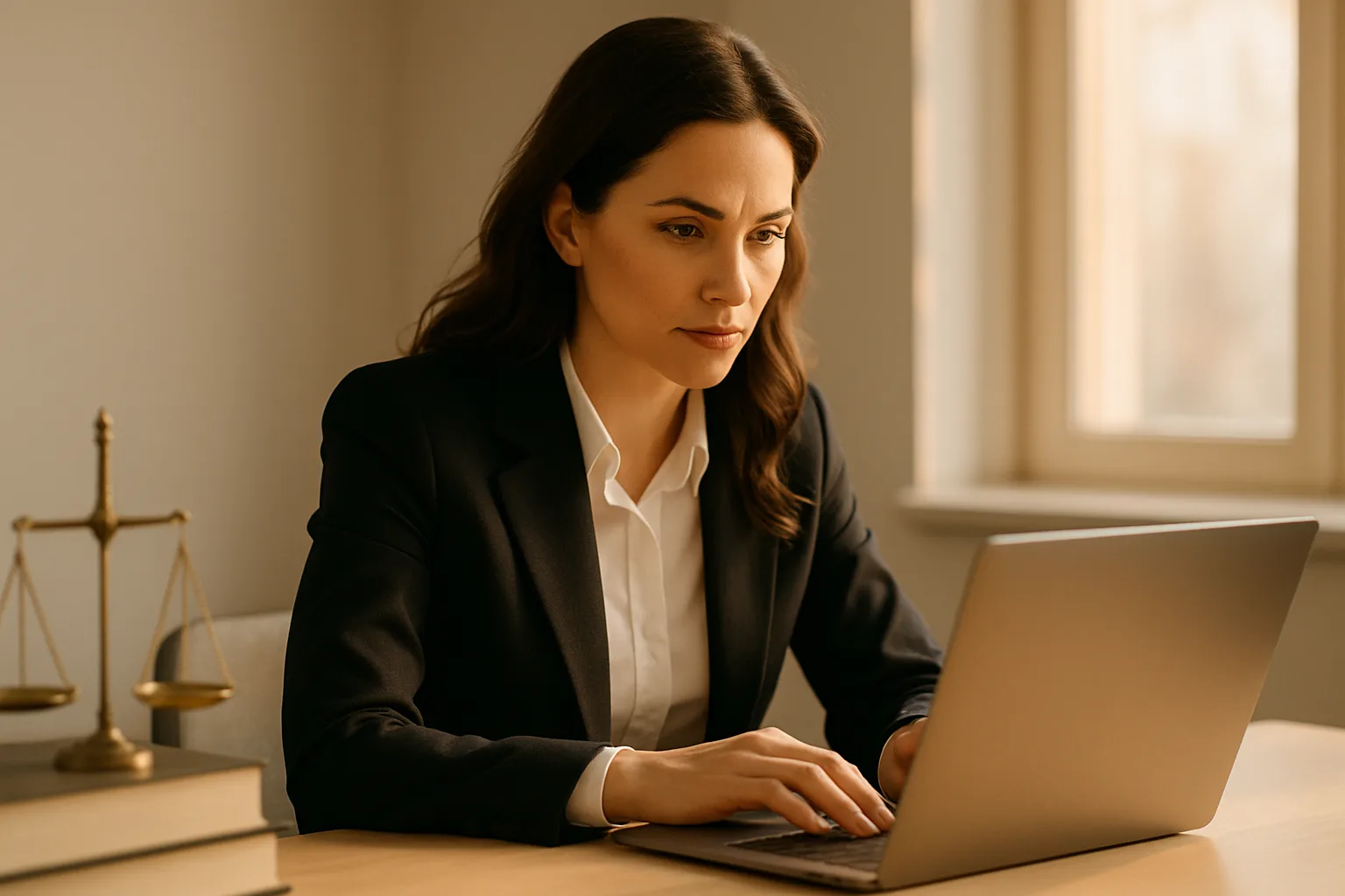 Anwältin arbeitet konzentriert am Laptop in einem hellen modernen Büro