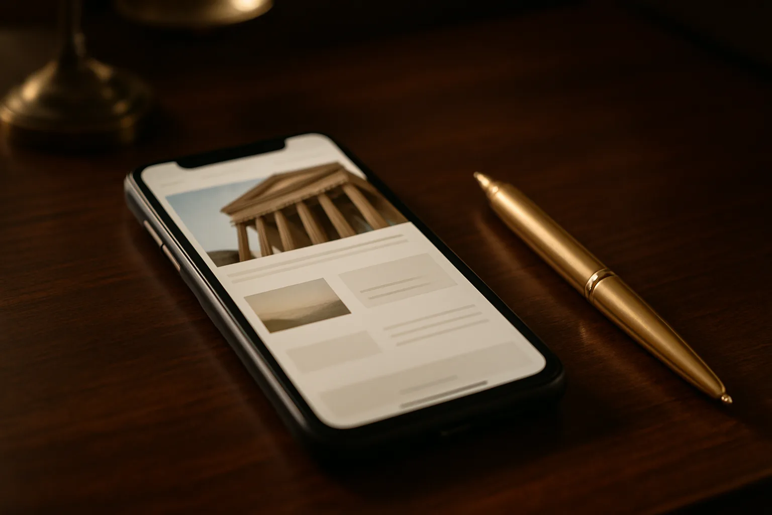 Kanzlei-Website auf einem Smartphone auf einem Anwaltsschreibtisch