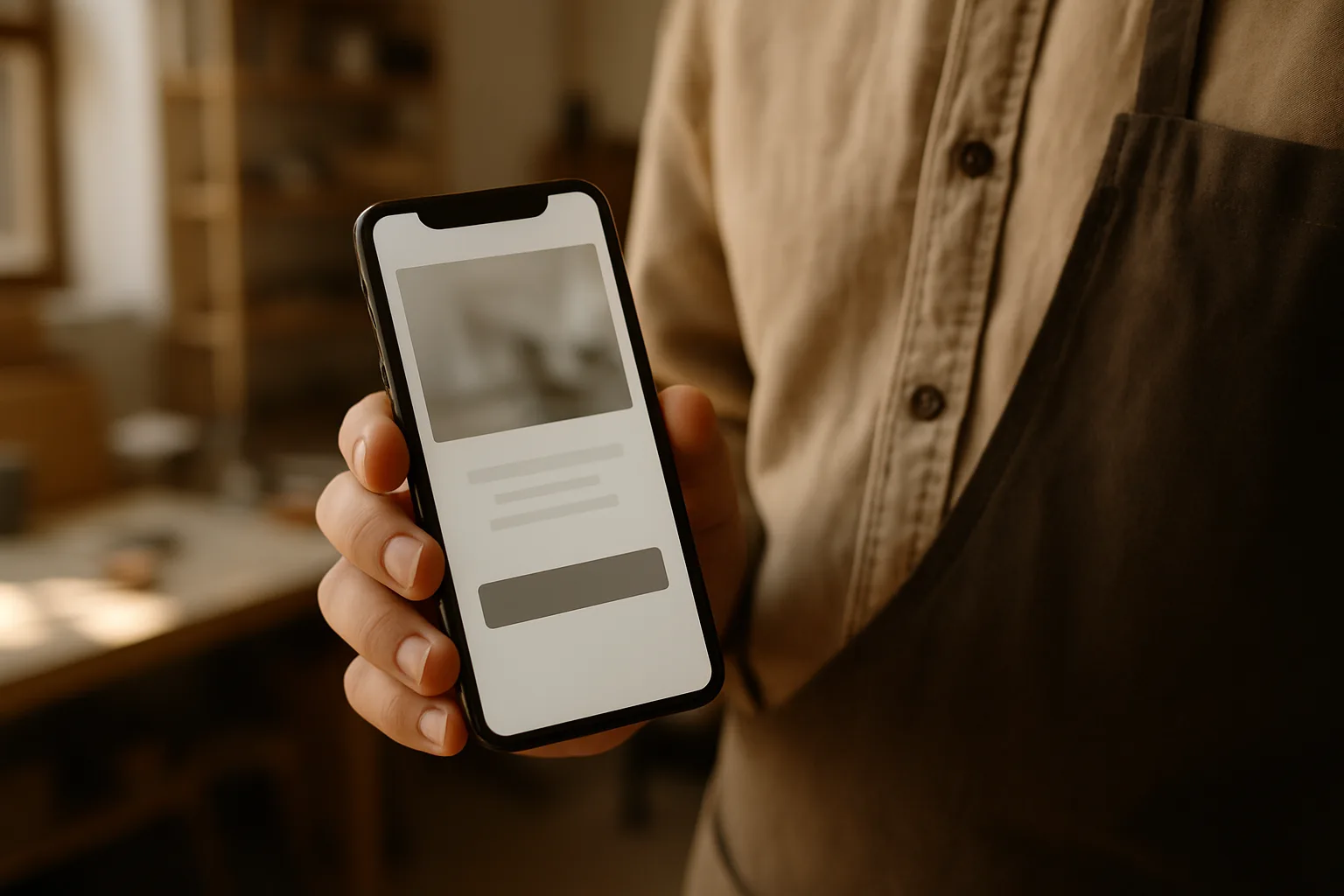 Site web professionnel d'auto-entrepreneur affiché sur un smartphone tenu dans un atelier