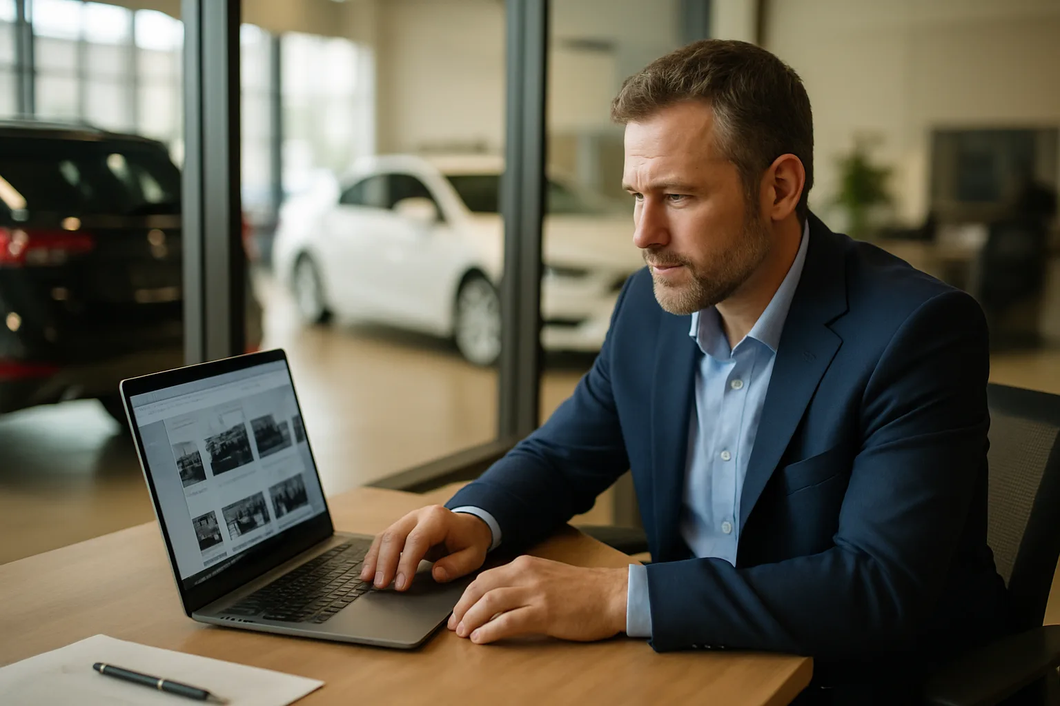 Autohaus-Inhaber überprüft seinen Website-Auftritt am Laptop im Büro mit Blick auf den Showroom