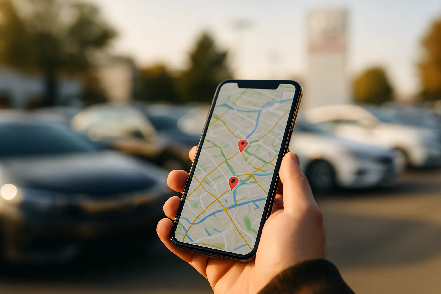 Kunde sucht mit dem Smartphone nach einem Autohaus in der Nähe – lokales SEO entscheidet über Sichtbarkeit