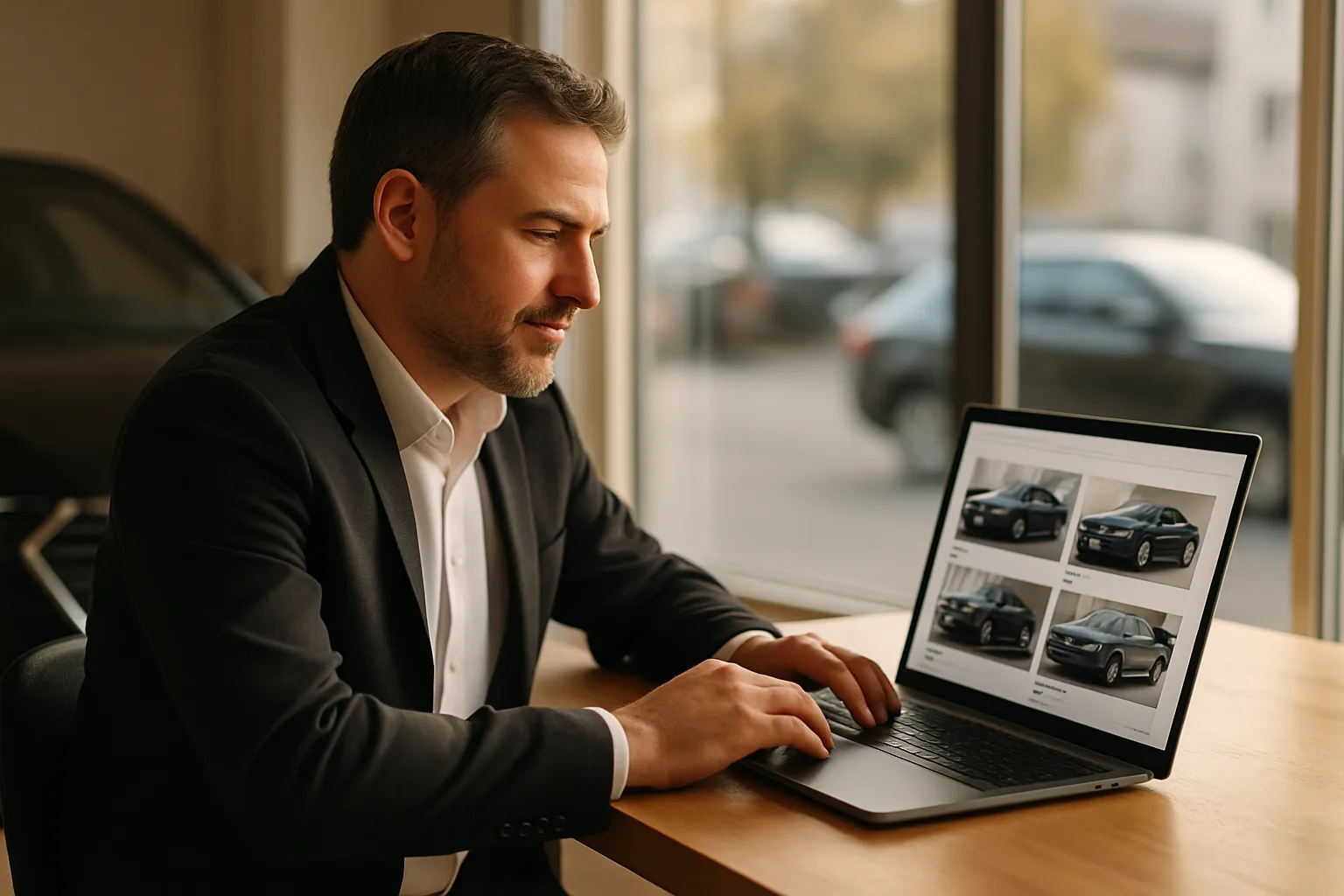 Autohaus-Inhaber prüft die eigene Fahrzeugliste auf einer Website am Laptop