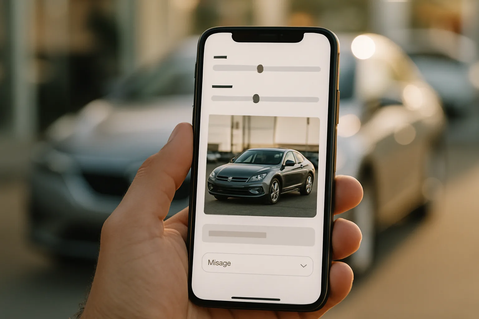 Smartphone zeigt eine übersichtliche Fahrzeugdarstellung auf der Autohaus-Website mit Preisfilter