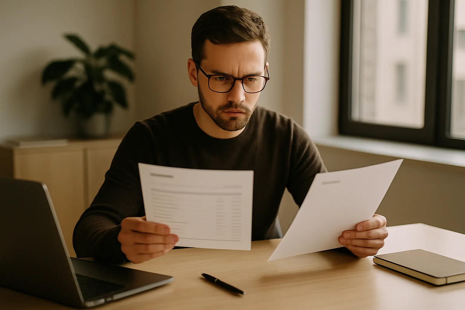 Entrepreneur comparing digital marketing agency proposals, one with transparent pricing and one without