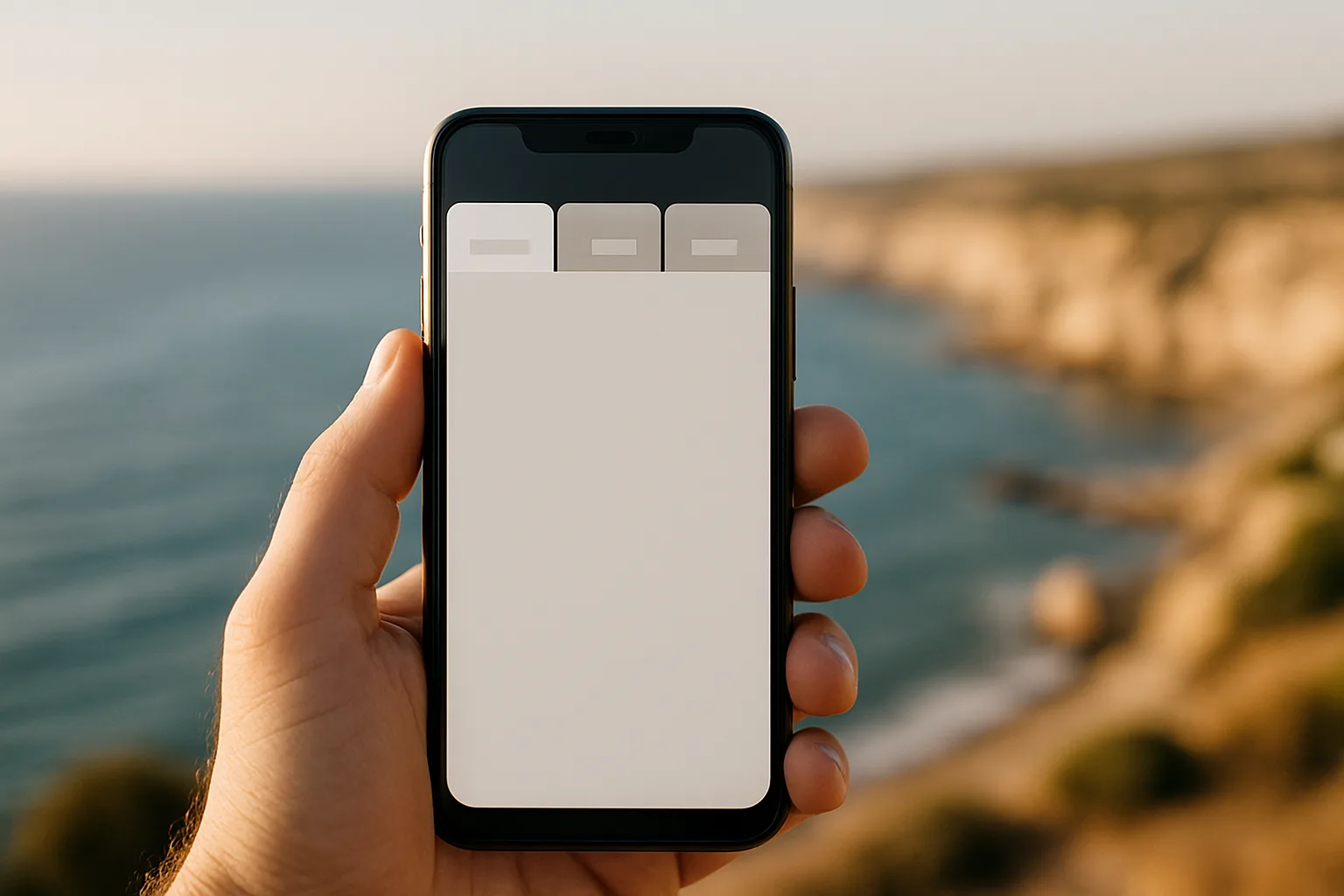 Multilingual business website displayed on a smartphone with English, Greek and Russian language options