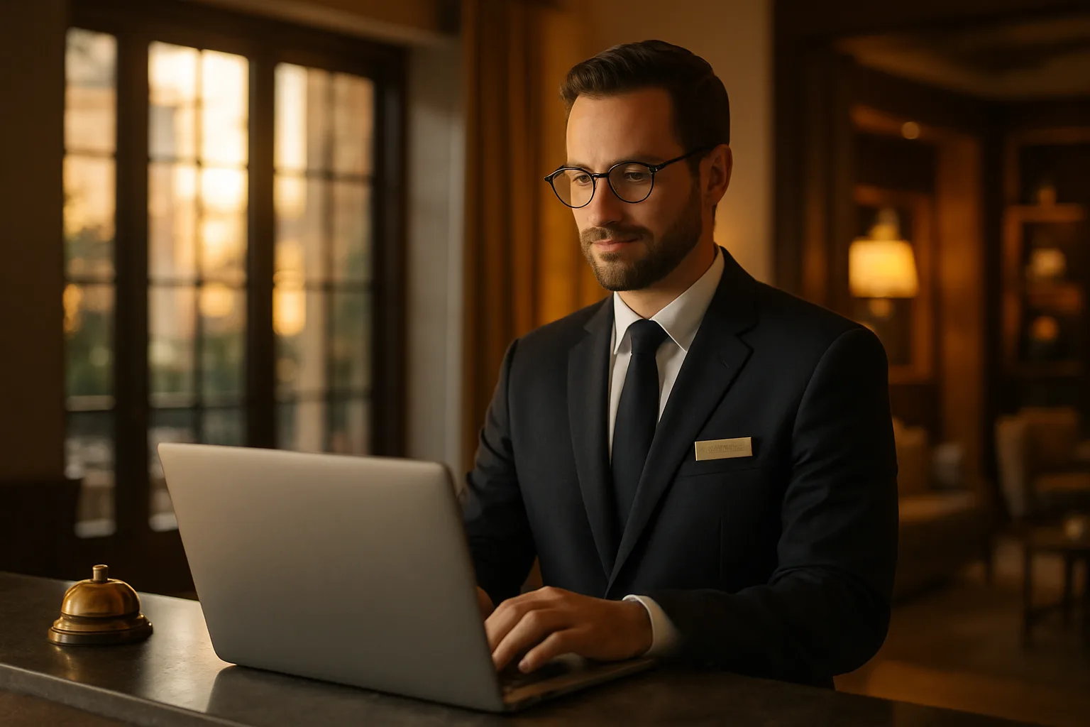 Hotel manager using a company-specific AI assistant at the front desk