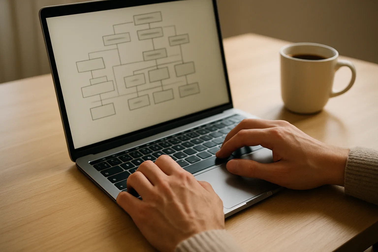 Structured knowledge graph document being reviewed on a laptop — the foundation of a hallucination-free AI chatbot
