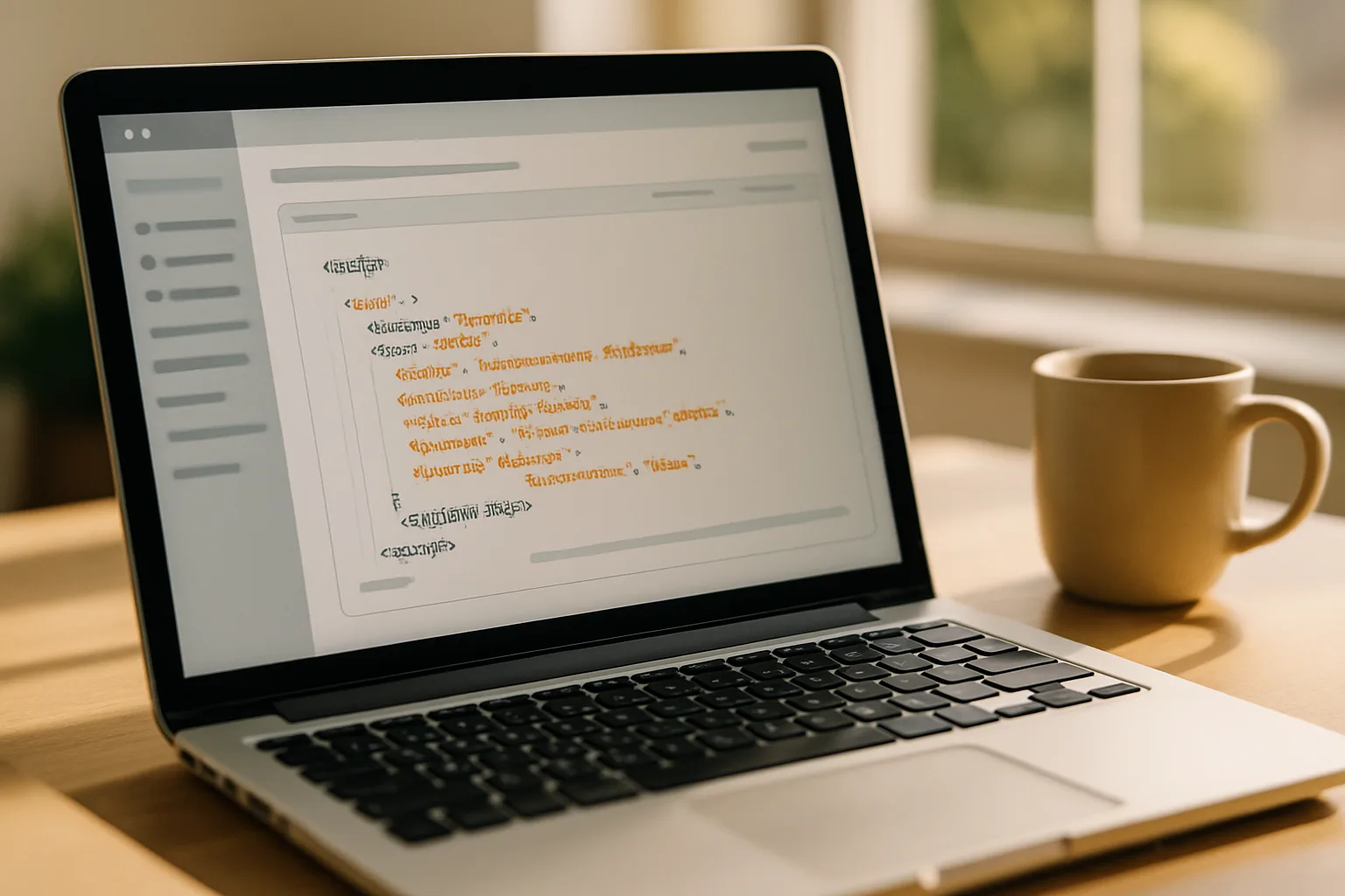 Strukturierte Daten und Schema-Markup auf einem Laptop-Bildschirm, sichtbar als maschinenlesbare Signale für KI