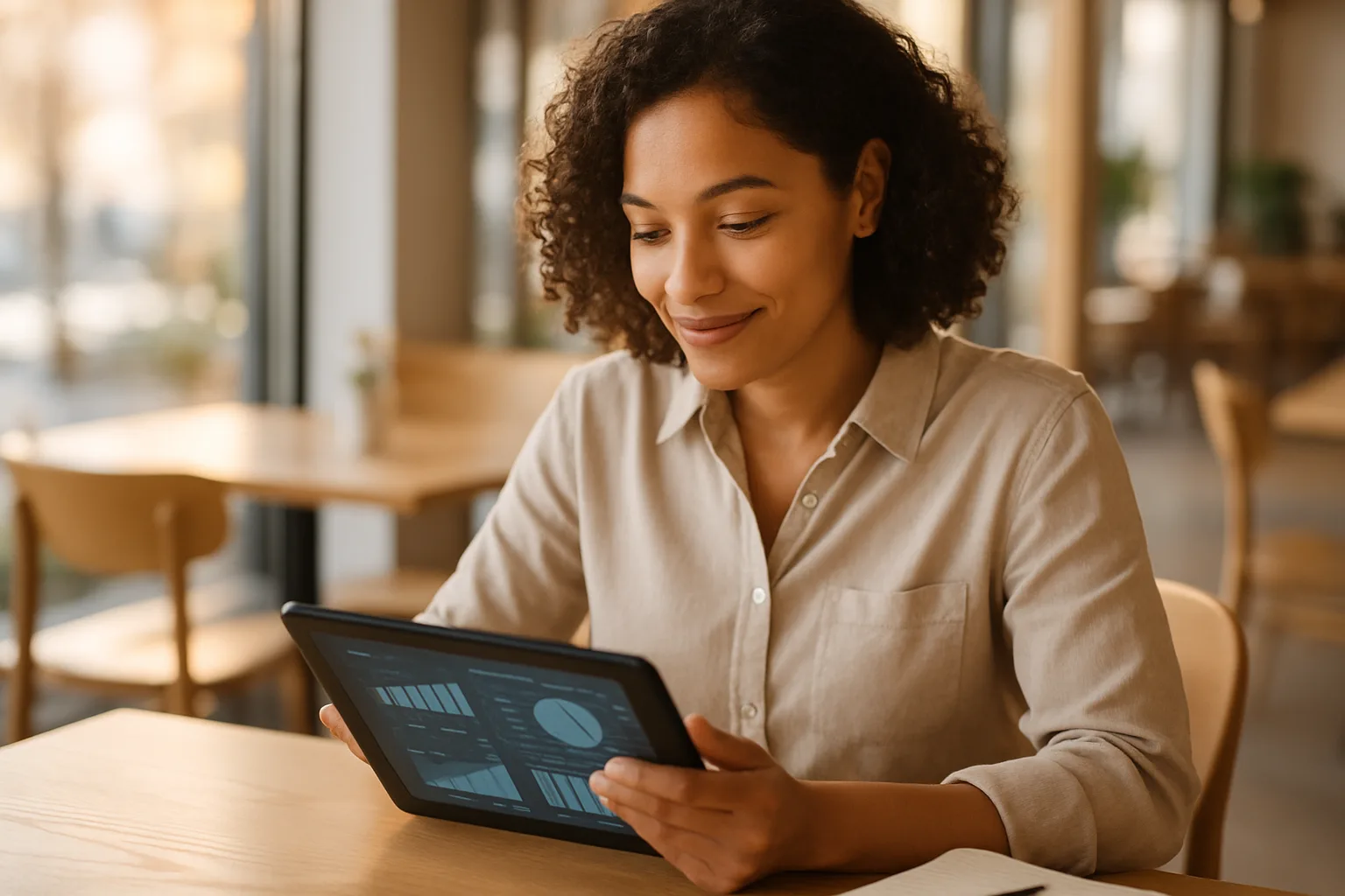 Unternehmerin analysiert den KI-Sichtbarkeits-Report ihrer Website auf einem Tablet im Café