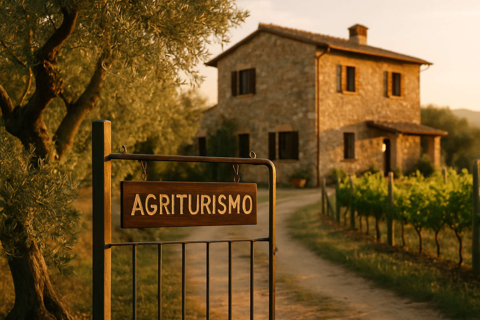 Agriturismo italiano immerso tra ulivi e vigneti al tramonto