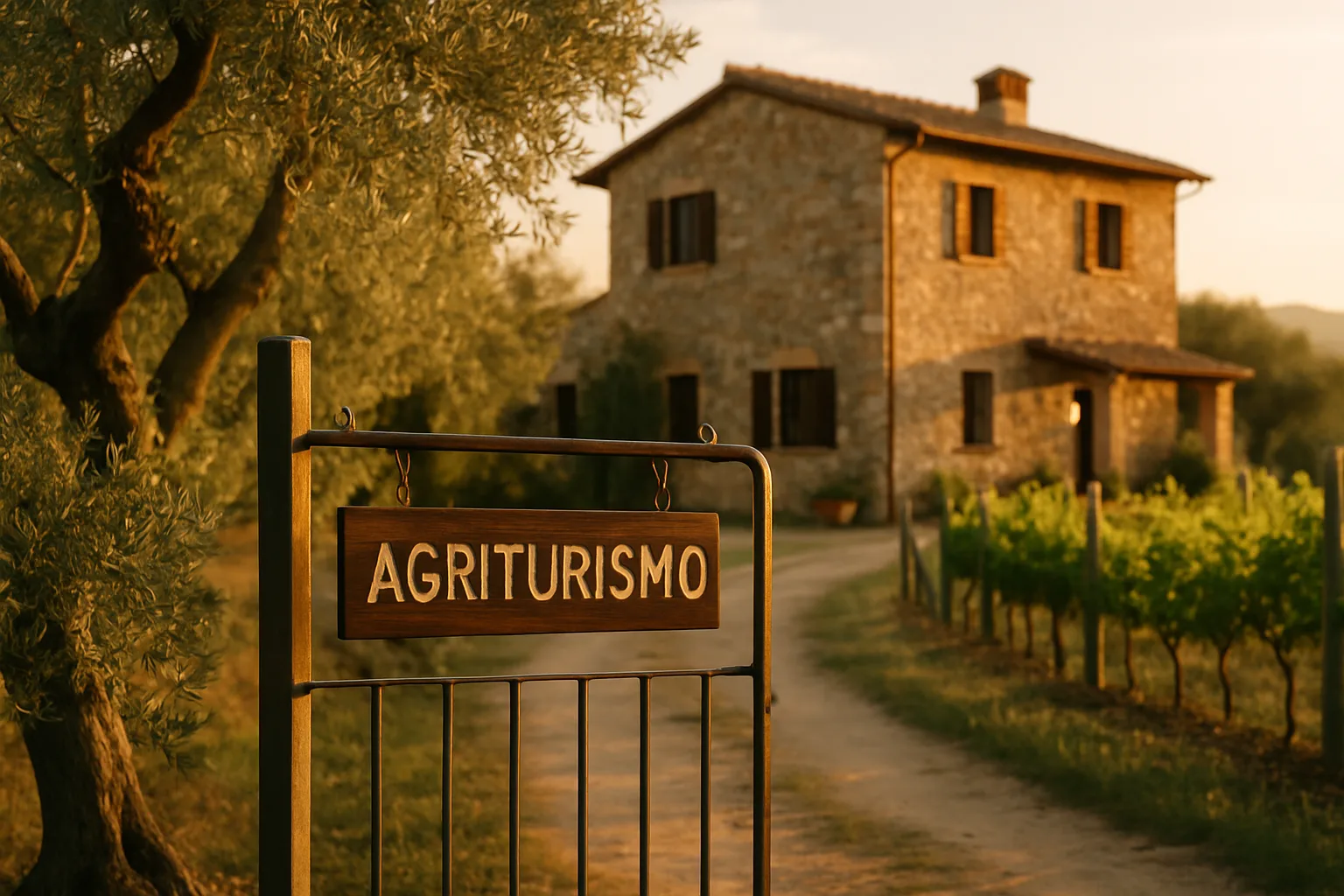 Agriturismo italiano immerso tra ulivi e vigneti al tramonto